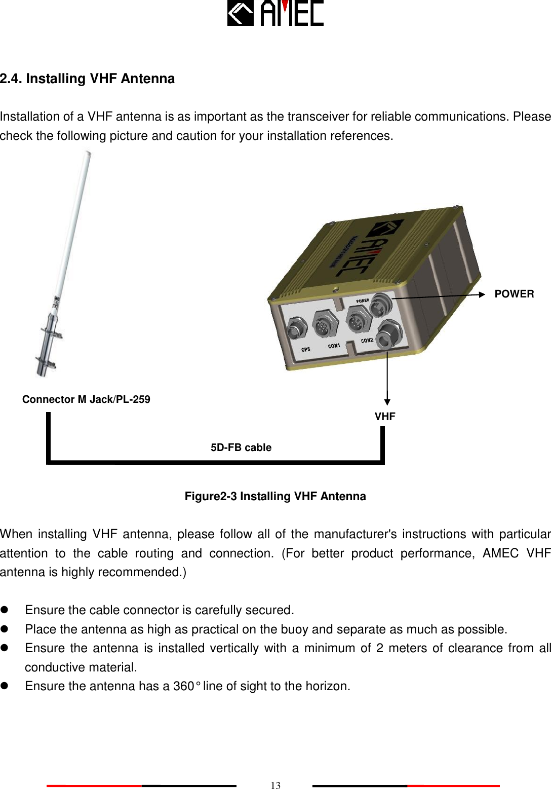    13 2.4. Installing VHF Antenna Installation of a VHF antenna is as important as the transceiver for reliable communications. Please check the following picture and caution for your installation references.                           Figure2-3 Installing VHF Antenna  When installing VHF antenna, please follow all of the manufacturer&apos;s instructions with particular attention  to  the  cable  routing  and  connection.  (For  better  product  performance,  AMEC  VHF antenna is highly recommended.)    Ensure the cable connector is carefully secured.   Place the antenna as high as practical on the buoy and separate as much as possible.   Ensure the antenna is installed vertically with a minimum of 2 meters of clearance from all conductive material.   Ensure the antenna has a 360° line of sight to the horizon.   VHF Connector M Jack/PL-259 POWER 5D-FB cable 