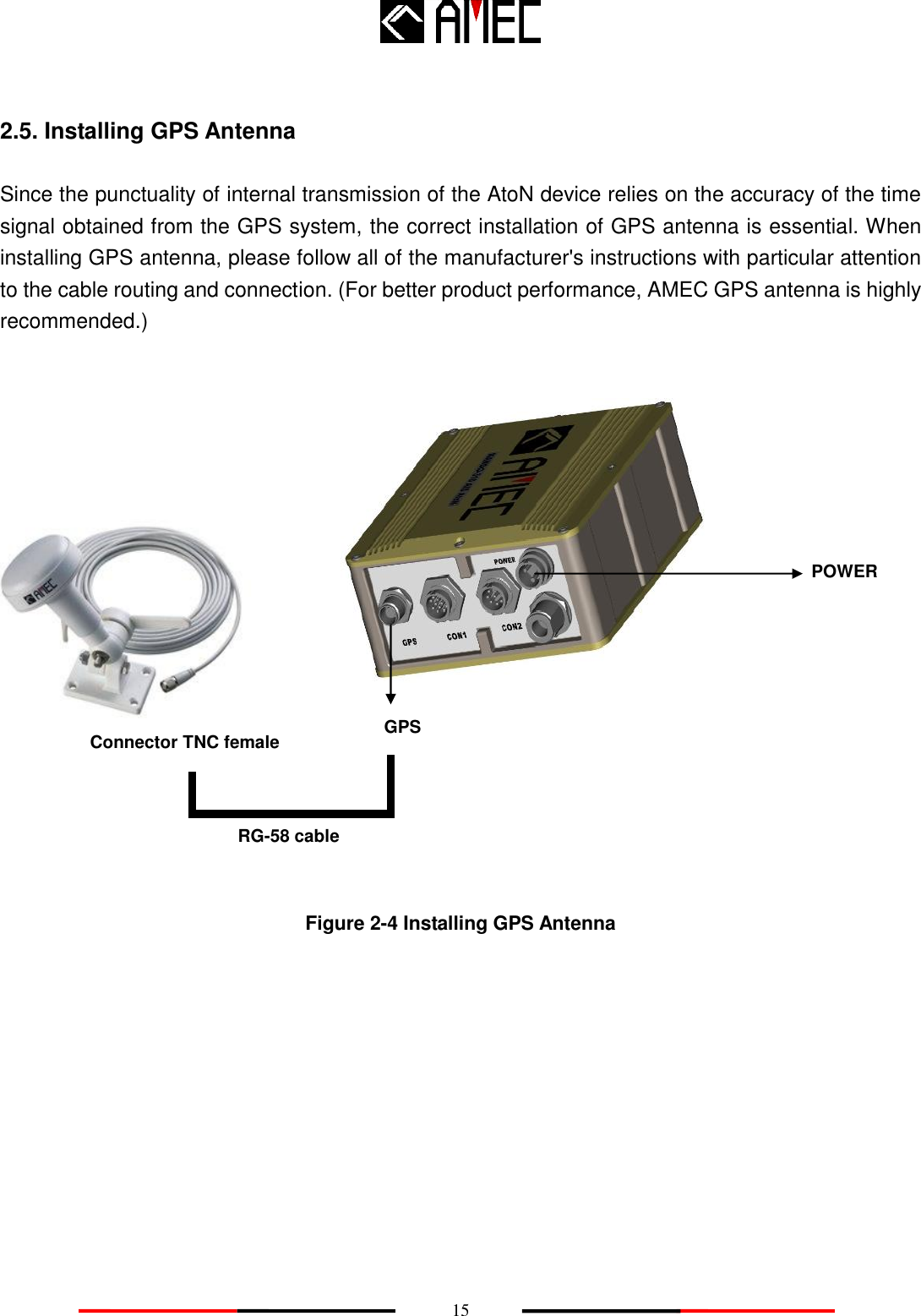    15 2.5. Installing GPS Antenna Since the punctuality of internal transmission of the AtoN device relies on the accuracy of the time signal obtained from the GPS system, the correct installation of GPS antenna is essential. When installing GPS antenna, please follow all of the manufacturer&apos;s instructions with particular attention to the cable routing and connection. (For better product performance, AMEC GPS antenna is highly recommended.)                     Figure 2-4 Installing GPS Antenna   Connector TNC female POWER    GPS RG-58 cable   