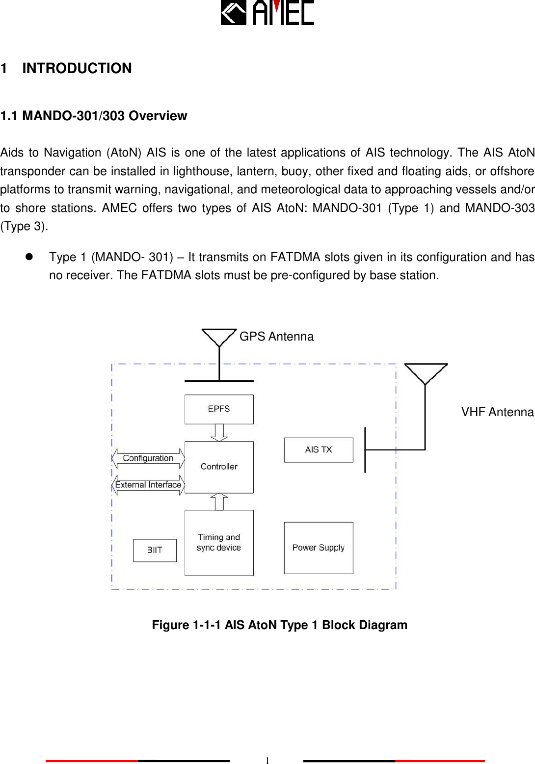    1 1    INTRODUCTION 1.1 MANDO-301/303 Overview Aids to Navigation (AtoN) AIS is one of the latest applications of AIS technology. The AIS AtoN transponder can be installed in lighthouse, lantern, buoy, other fixed and floating aids, or offshore platforms to transmit warning, navigational, and meteorological data to approaching vessels and/or to shore stations. AMEC offers two types of AIS AtoN: MANDO-301 (Type 1) and MANDO-303 (Type 3).   Type 1 (MANDO- 301) – It transmits on FATDMA slots given in its configuration and has no receiver. The FATDMA slots must be pre-configured by base station.     Figure 1-1-1 AIS AtoN Type 1 Block Diagram VHF Antenna GPS Antenna 