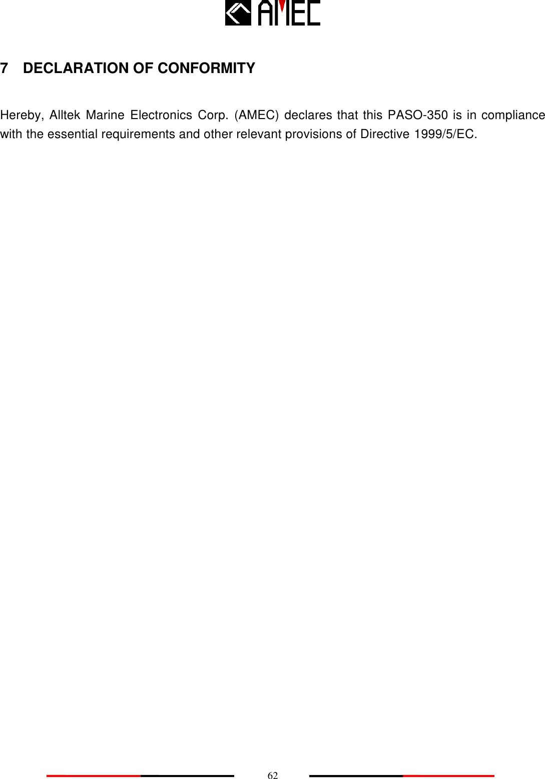    62 7    DECLARATION OF CONFORMITY  Hereby, Alltek  Marine  Electronics  Corp.  (AMEC) declares that this PASO-350 is in compliance with the essential requirements and other relevant provisions of Directive 1999/5/EC. 