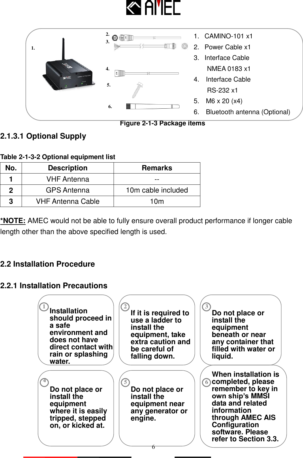   6                                                                              2.1.3.1 Optional Supply  Table 2-1-3-2 Optional equipment list No. Description Remarks 1 VHF Antenna -- 2 GPS Antenna 10m cable included 3 VHF Antenna Cable 10m  *NOTE: AMEC would not be able to fully ensure overall product performance if longer cable length other than the above specified length is used.   2.2 Installation Procedure  2.2.1 Installation Precautions              Figure 2-1-3 Package items Do not place or install the equipment near any generator or engine. 5 Do not place or install the equipment beneath or near any container that filled with water or liquid. 3 Do not place or install the equipment where it is easily tripped, stepped on, or kicked at. 4 Installation should proceed in a safe environment and does not have direct contact with rain or splashing water. 1 When installation is completed, please remember to key in own ship’s MMSI data and related information through AMEC AIS Configuration software. Please refer to Section 3.3. 6 If it is required to use a ladder to install the equipment, take extra caution and be careful of falling down. 2 1.  CAMINO-101 x1 2.  Power Cable x1 3.  Interface Cable        NMEA 0183 x1 4.    Interface Cable     RS-232 x1 5.    M6 x 20 (x4) 6.    Bluetooth antenna (Optional) 1. 3. 2. 5. 4. 6. 