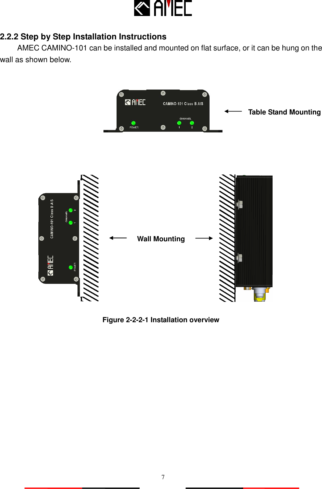   7 2.2.2 Step by Step Installation Instructions   AMEC CAMINO-101 can be installed and mounted on flat surface, or it can be hung on the wall as shown below.       Wall Mounting Figure 2-2-2-1 Installation overview Table Stand Mounting 