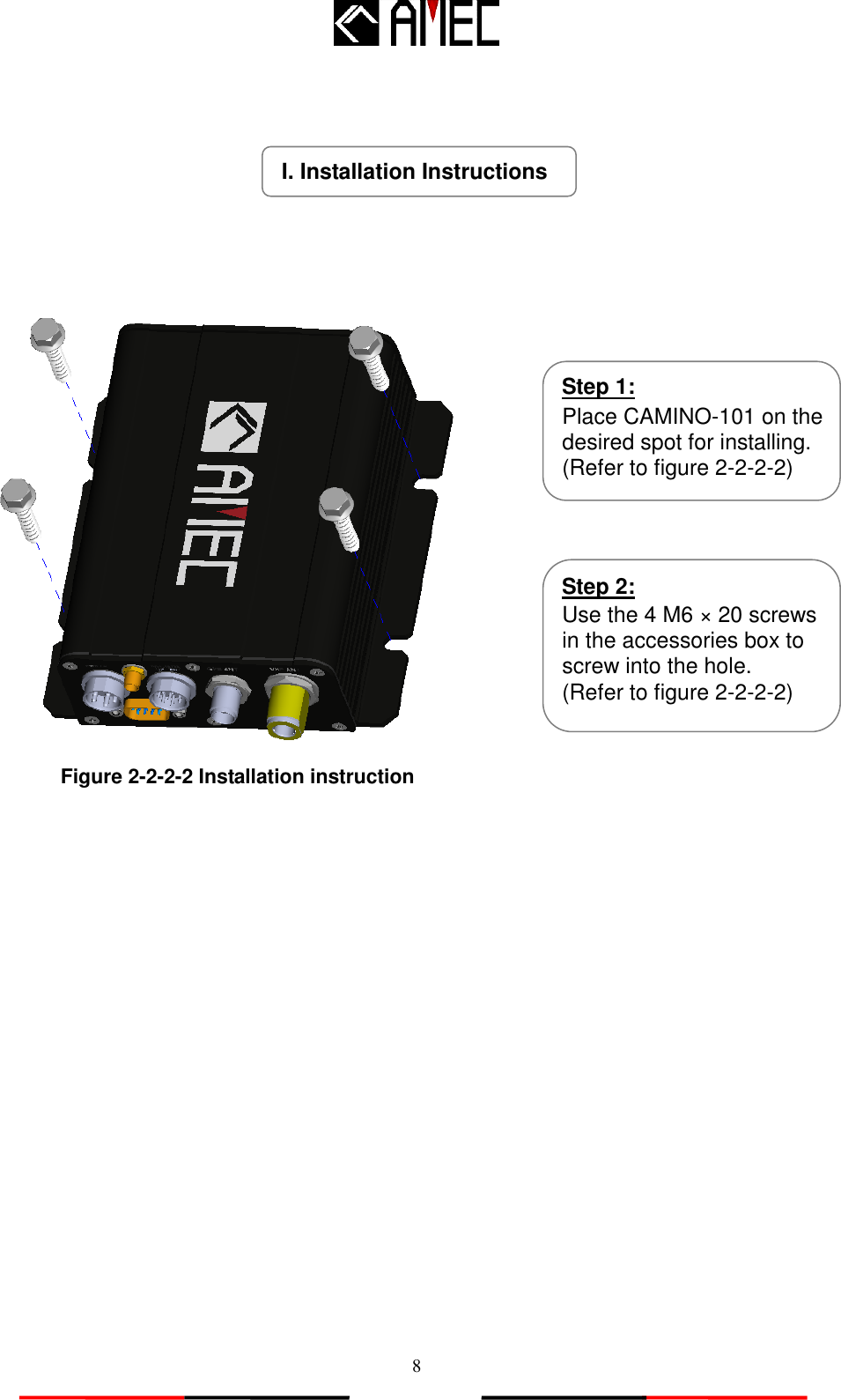   8                               I. Installation Instructions Step 1: Place CAMINO-101 on the desired spot for installing.     (Refer to figure 2-2-2-2)  Figure 2-2-2-2 Installation instruction Step 2: Use the 4 M6 × 20 screws in the accessories box to screw into the hole.   (Refer to figure 2-2-2-2)  