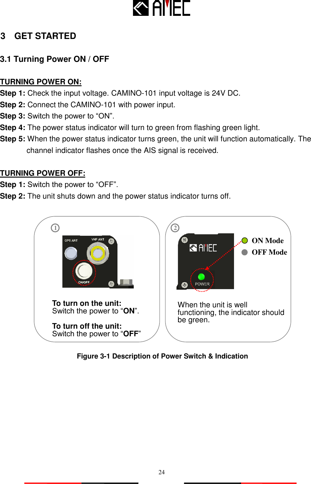   24 3    GET STARTED  3.1 Turning Power ON / OFF  TURNING POWER ON: Step 1: Check the input voltage. CAMINO-101 input voltage is 24V DC. Step 2: Connect the CAMINO-101 with power input. Step 3: Switch the power to “ON”. Step 4: The power status indicator will turn to green from flashing green light.   Step 5: When the power status indicator turns green, the unit will function automatically. The   channel indicator flashes once the AIS signal is received.  TURNING POWER OFF: Step 1: Switch the power to “OFF”. Step 2: The unit shuts down and the power status indicator turns off.                 Figure 3-1 Description of Power Switch &amp; Indication Light To turn on the unit: Switch the power to “ON”.  To turn off the unit: Switch the power to “OFF” 1 2 When the unit is well functioning, the indicator should be green. ON Mode OFF Mode 