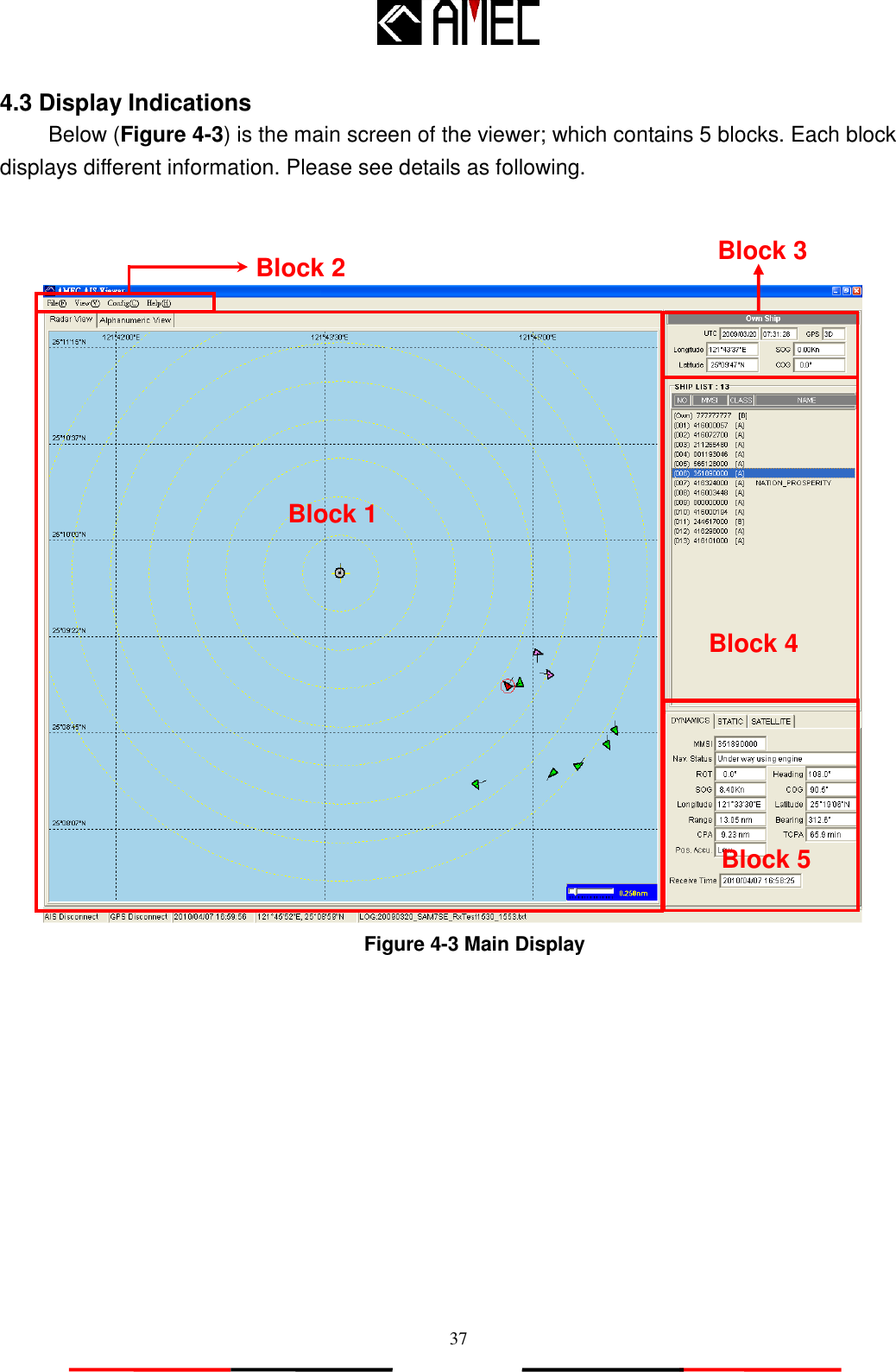   37 4.3 Display Indications Below (Figure 4-3) is the main screen of the viewer; which contains 5 blocks. Each block displays different information. Please see details as following.     Figure 4-3 Main Display Block 2 Block 1 Block 3 Block 4 Block 5 