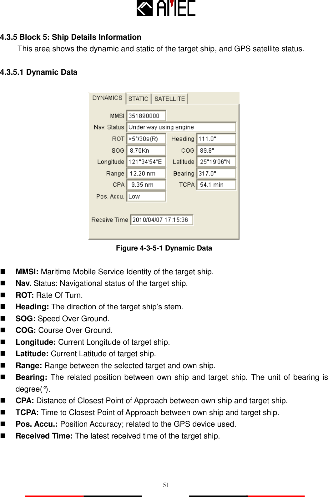   51 4.3.5 Block 5: Ship Details Information This area shows the dynamic and static of the target ship, and GPS satellite status.    4.3.5.1 Dynamic Data   Figure 4-3-5-1 Dynamic Data   MMSI: Maritime Mobile Service Identity of the target ship.  Nav. Status: Navigational status of the target ship.  ROT: Rate Of Turn.  Heading: The direction of the target ship‟s stem.  SOG: Speed Over Ground.  COG: Course Over Ground.  Longitude: Current Longitude of target ship.  Latitude: Current Latitude of target ship.  Range: Range between the selected target and own ship.  Bearing: The related position between own ship and target ship. The unit of bearing is degree(°).  CPA: Distance of Closest Point of Approach between own ship and target ship.  TCPA: Time to Closest Point of Approach between own ship and target ship.  Pos. Accu.: Position Accuracy; related to the GPS device used.  Received Time: The latest received time of the target ship. 