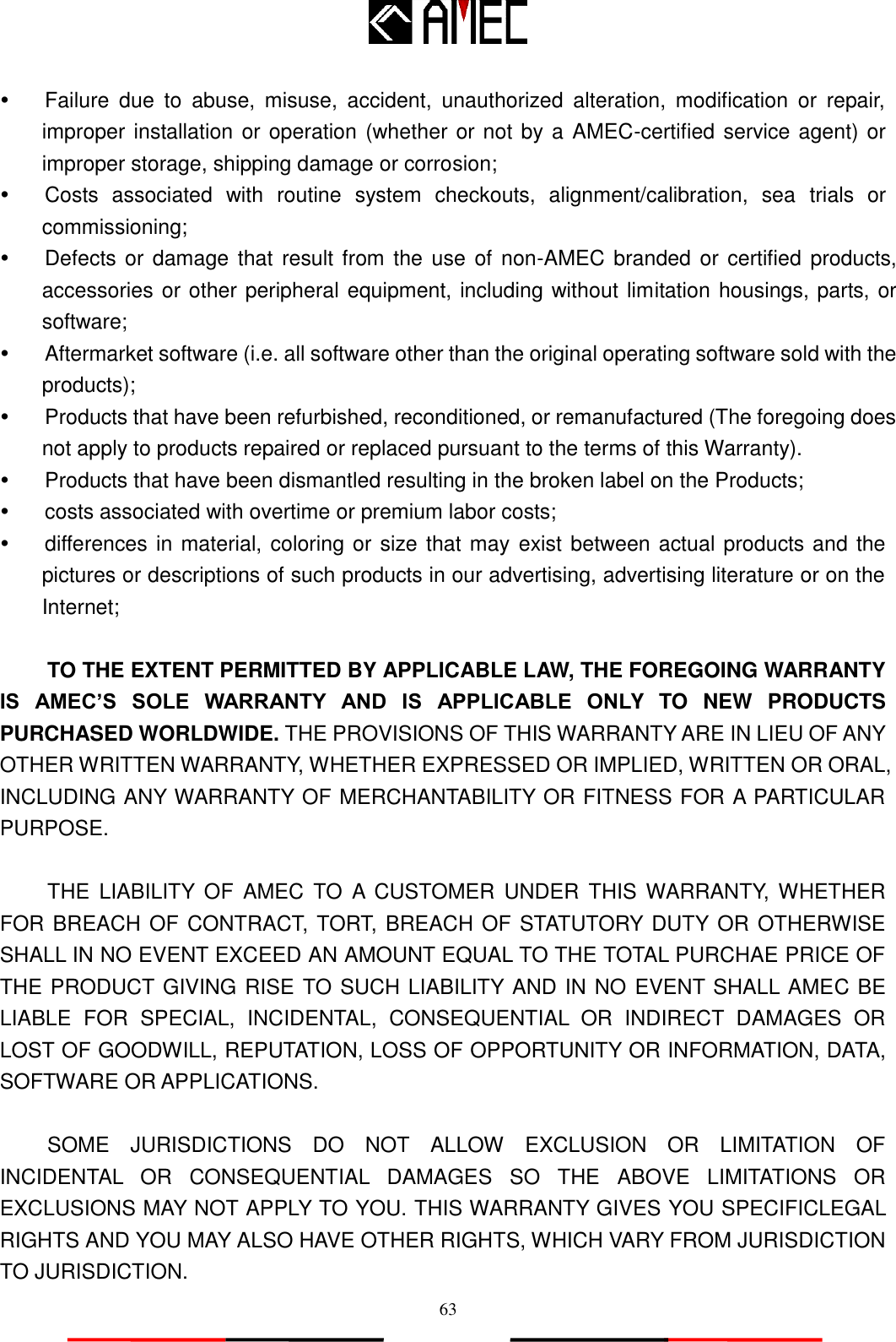   63   Failure  due  to  abuse,  misuse,  accident,  unauthorized  alteration,  modification  or  repair, improper installation or operation (whether or not by a AMEC-certified service agent) or improper storage, shipping damage or corrosion;   Costs  associated  with  routine  system  checkouts,  alignment/calibration,  sea  trials  or commissioning;   Defects or damage that  result from the use of non-AMEC branded or certified  products, accessories or other peripheral equipment, including without limitation housings, parts, or software;   Aftermarket software (i.e. all software other than the original operating software sold with the products);       Products that have been refurbished, reconditioned, or remanufactured (The foregoing does not apply to products repaired or replaced pursuant to the terms of this Warranty).     Products that have been dismantled resulting in the broken label on the Products;       costs associated with overtime or premium labor costs;   differences in material, coloring or size that may exist between actual products and the pictures or descriptions of such products in our advertising, advertising literature or on the Internet;  TO THE EXTENT PERMITTED BY APPLICABLE LAW, THE FOREGOING WARRANTY IS  AMEC’S  SOLE  WARRANTY  AND  IS  APPLICABLE  ONLY  TO  NEW  PRODUCTS PURCHASED WORLDWIDE. THE PROVISIONS OF THIS WARRANTY ARE IN LIEU OF ANY OTHER WRITTEN WARRANTY, WHETHER EXPRESSED OR IMPLIED, WRITTEN OR ORAL, INCLUDING ANY WARRANTY OF MERCHANTABILITY OR FITNESS FOR A PARTICULAR PURPOSE.  THE  LIABILITY OF  AMEC  TO  A  CUSTOMER  UNDER  THIS  WARRANTY, WHETHER FOR BREACH OF CONTRACT, TORT, BREACH OF STATUTORY DUTY OR OTHERWISE SHALL IN NO EVENT EXCEED AN AMOUNT EQUAL TO THE TOTAL PURCHAE PRICE OF THE PRODUCT GIVING RISE TO SUCH LIABILITY AND IN NO EVENT SHALL AMEC BE LIABLE  FOR  SPECIAL,  INCIDENTAL,  CONSEQUENTIAL  OR  INDIRECT  DAMAGES  OR LOST OF GOODWILL, REPUTATION, LOSS OF OPPORTUNITY OR INFORMATION, DATA, SOFTWARE OR APPLICATIONS.  SOME  JURISDICTIONS  DO  NOT  ALLOW  EXCLUSION  OR  LIMITATION  OF INCIDENTAL  OR  CONSEQUENTIAL  DAMAGES  SO  THE  ABOVE  LIMITATIONS  OR EXCLUSIONS MAY NOT APPLY TO YOU. THIS WARRANTY GIVES YOU SPECIFICLEGAL RIGHTS AND YOU MAY ALSO HAVE OTHER RIGHTS, WHICH VARY FROM JURISDICTION TO JURISDICTION. 