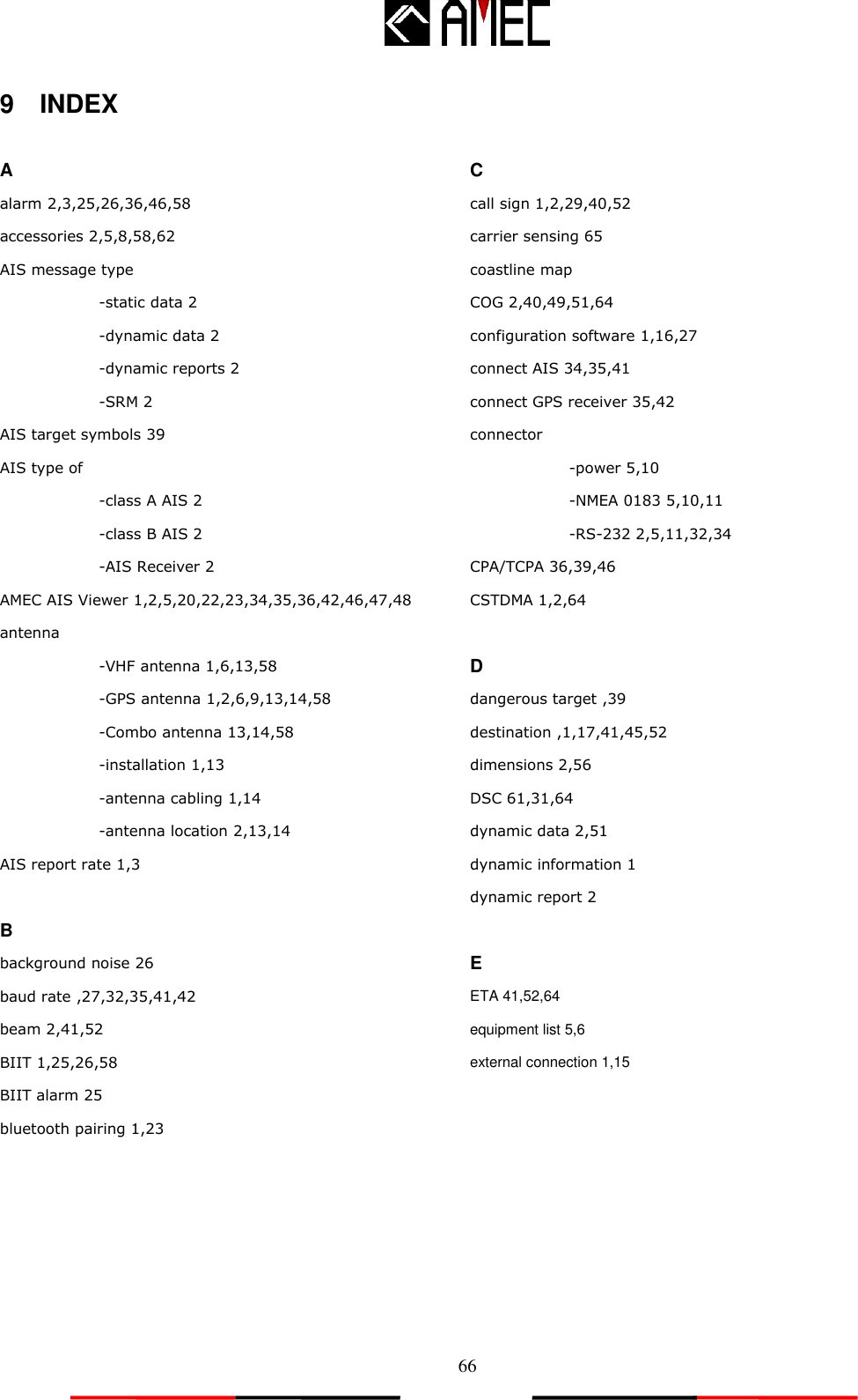   66 9    INDEX  A alarm 2,3,25,26,36,46,58 accessories 2,5,8,58,62 AIS message type   -static data 2 -dynamic data 2 -dynamic reports 2 -SRM 2 AIS target symbols 39 AIS type of   -class A AIS 2 -class B AIS 2 -AIS Receiver 2   AMEC AIS Viewer 1,2,5,20,22,23,34,35,36,42,46,47,48 antenna -VHF antenna 1,6,13,58 -GPS antenna 1,2,6,9,13,14,58 -Combo antenna 13,14,58 -installation 1,13 -antenna cabling 1,14 -antenna location 2,13,14 AIS report rate 1,3  B background noise 26 baud rate ,27,32,35,41,42 beam 2,41,52 BIIT 1,25,26,58 BIIT alarm 25 bluetooth pairing 1,23        C call sign 1,2,29,40,52 carrier sensing 65 coastline map   COG 2,40,49,51,64 configuration software 1,16,27 connect AIS 34,35,41 connect GPS receiver 35,42 connector -power 5,10 -NMEA 0183 5,10,11 -RS-232 2,5,11,32,34 CPA/TCPA 36,39,46 CSTDMA 1,2,64  D dangerous target ,39 destination ,1,17,41,45,52 dimensions 2,56 DSC 61,31,64 dynamic data 2,51 dynamic information 1 dynamic report 2  E ETA 41,52,64 equipment list 5,6 external connection 1,15  