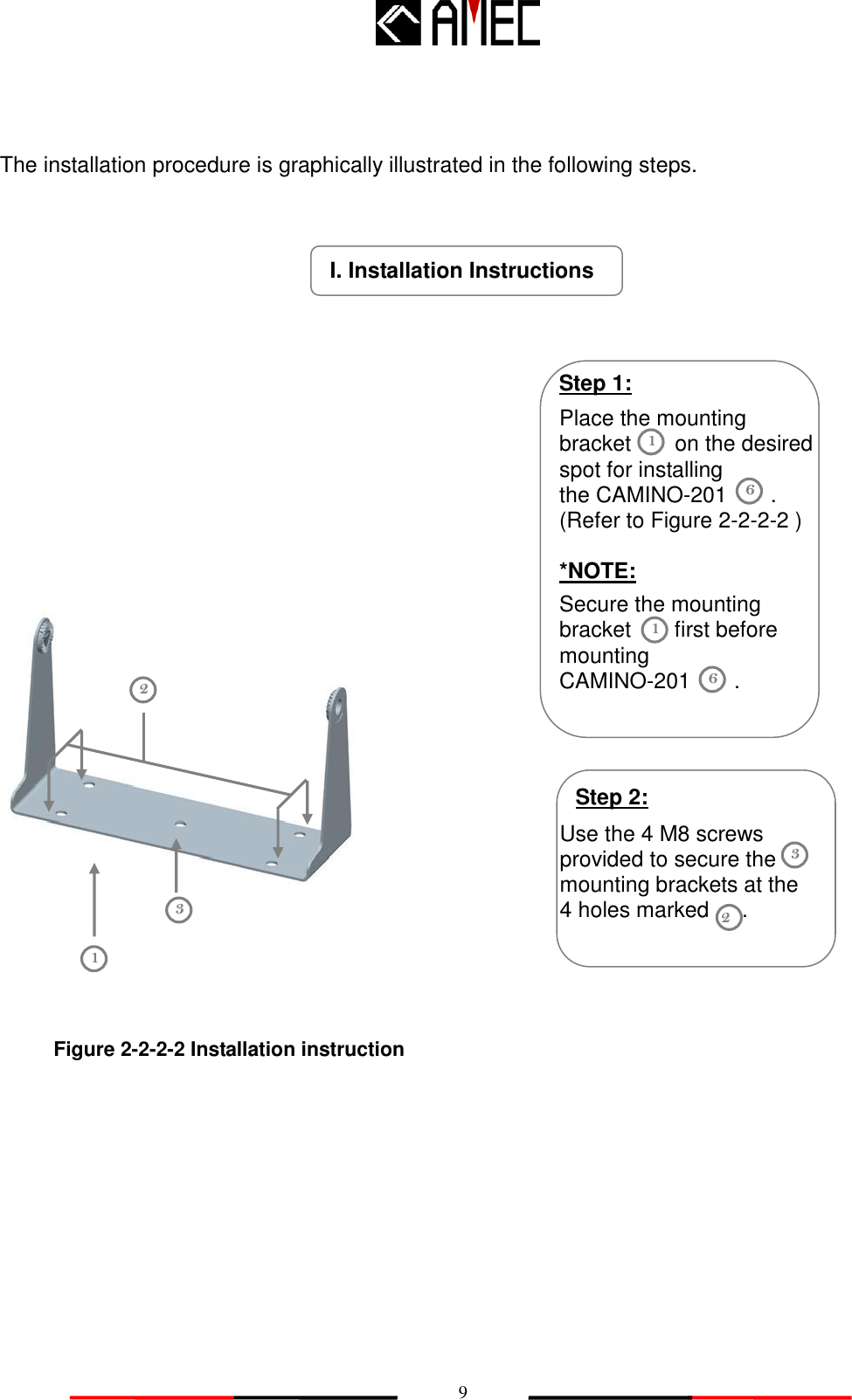   9 The installation procedure is graphically illustrated in the following steps.                                       Use the 4 M8 screws provided to secure the mounting brackets at the   4 holes marked      .  I. Installation Instructions Step 2: 1 2 3 Step 1: Place the mounting bracket        on the desired spot for installing the CAMINO-201        .   (Refer to Figure 2-2-2-2 )  *NOTE: 6 1 Secure the mounting bracket        first before mounting   CAMINO-201        . Figure 2-2-2-2 Installation instruction 1 6 3 2 