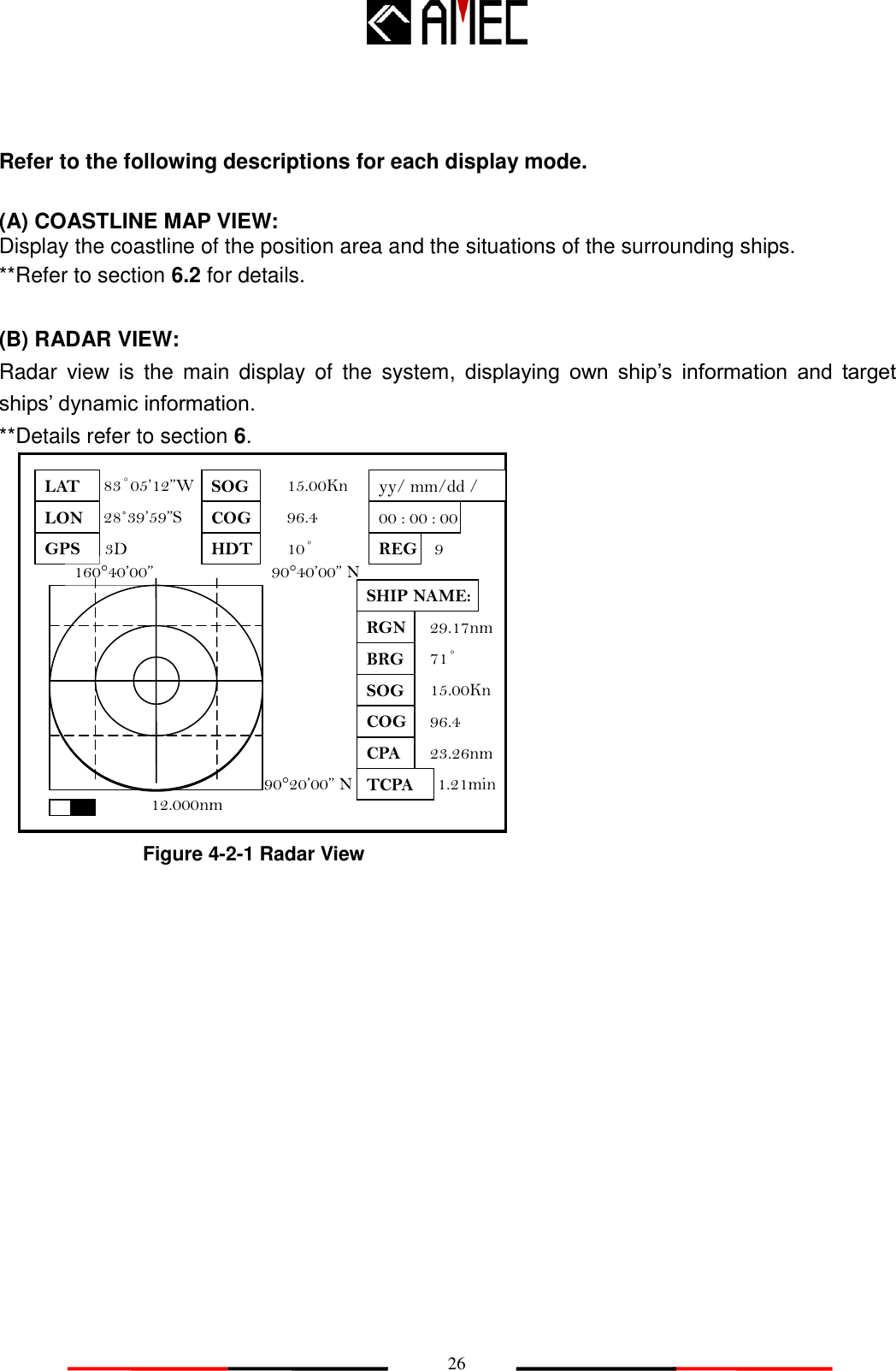   26 Refer to the following descriptions for each display mode.  (A) COASTLINE MAP VIEW: Display the coastline of the position area and the situations of the surrounding ships. **Refer to section 6.2 for details.  (B) RADAR VIEW: Radar  view  is  the  main  display  of  the  system,  displaying  own  ship‟s  information  and  target ships‟ dynamic information. **Details refer to section 6.               Figure 4-2-1 Radar View LAT LON GPS SOG COG HDT REG 00 : 00 : 00   00 / 00 /00 83˚05.123w 28˚39.600n 3D 15.00Kn 96.4 10˚ 9 160°40.00 E 167°40.00 E 90°40.00 N 90°20.00 N 12.000nm SHIP NAME: AMEC RGN BRG SOG COG CPA TCPA 29.17nm 71˚ 15.00Kn 96.4 23.26nm 1.21min CH/※ LAT LON GPS SOG COG HDT REG 00 : 00 : 00   yy/ mm/dd / 83˚05’12”W 28˚39’59”S 3D 15.00Kn 96.4 10˚ 9 160°40’00” E 90°40’00” N 90°20’00” N 12.000nm SHIP NAME: AMEC RGN BRG SOG COG CPA TCPA 29.17nm 71˚ 15.00Kn 96.4 23.26nm 1.21min 