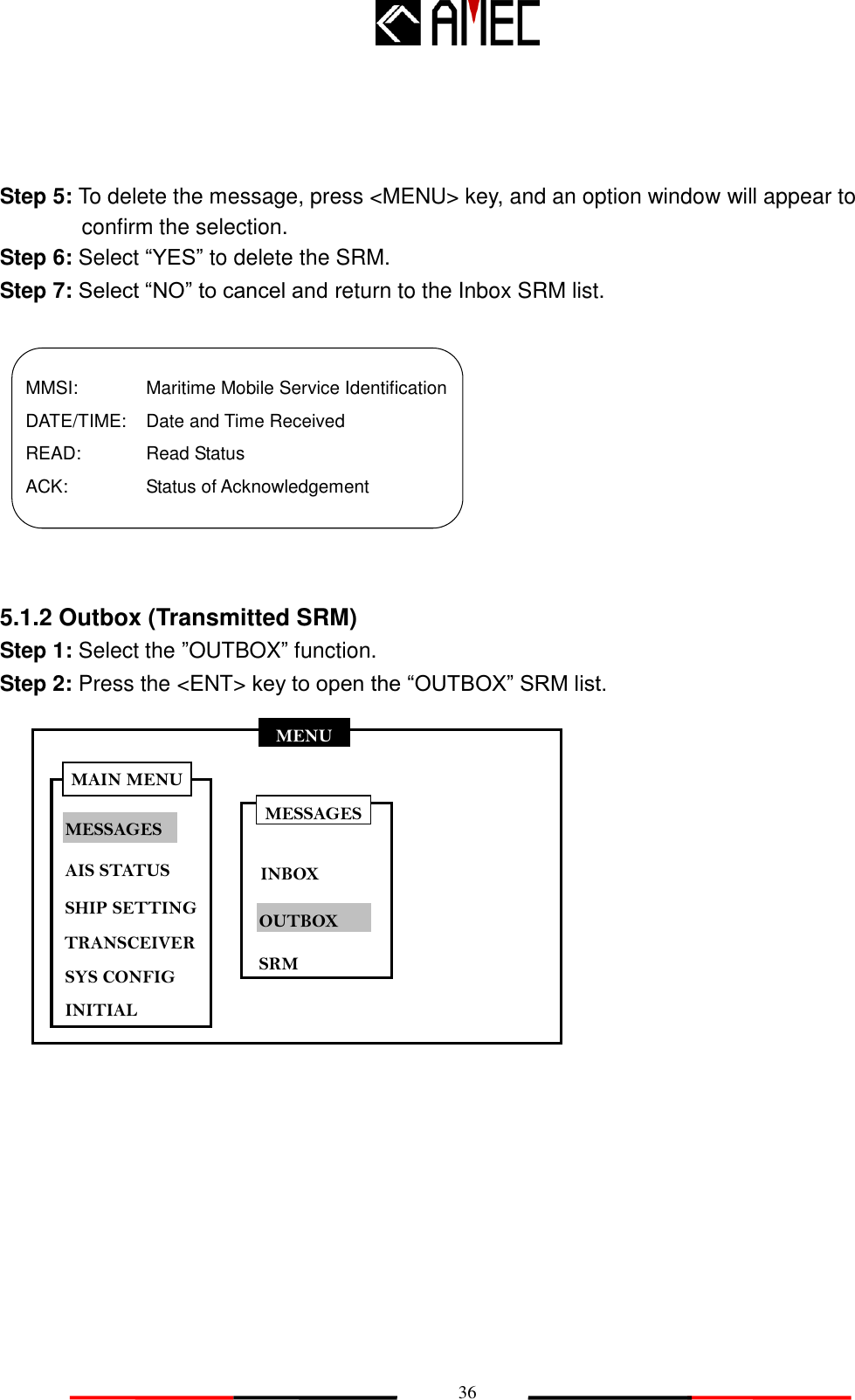   36 MENU MESSAGES AIS STATUS SHIP SETTING SYS CONFIG INITIAL MAIN MENU TRANSCEIVER  Step 5: To delete the message, press &lt;MENU&gt; key, and an option window will appear to confirm the selection. Step 6: Select “YES” to delete the SRM. Step 7: Select “NO” to cancel and return to the Inbox SRM list.   MMSI:                 Maritime Mobile Service Identification DATE/TIME:                   Date and Time Received READ: Read Status     ACK: Status of Acknowledgement    5.1.2 Outbox (Transmitted SRM) Step 1: Select the ”OUTBOX” function. Step 2: Press the &lt;ENT&gt; key to open the “OUTBOX” SRM list.            MESSAGES INBOX OUTBOX SRM 