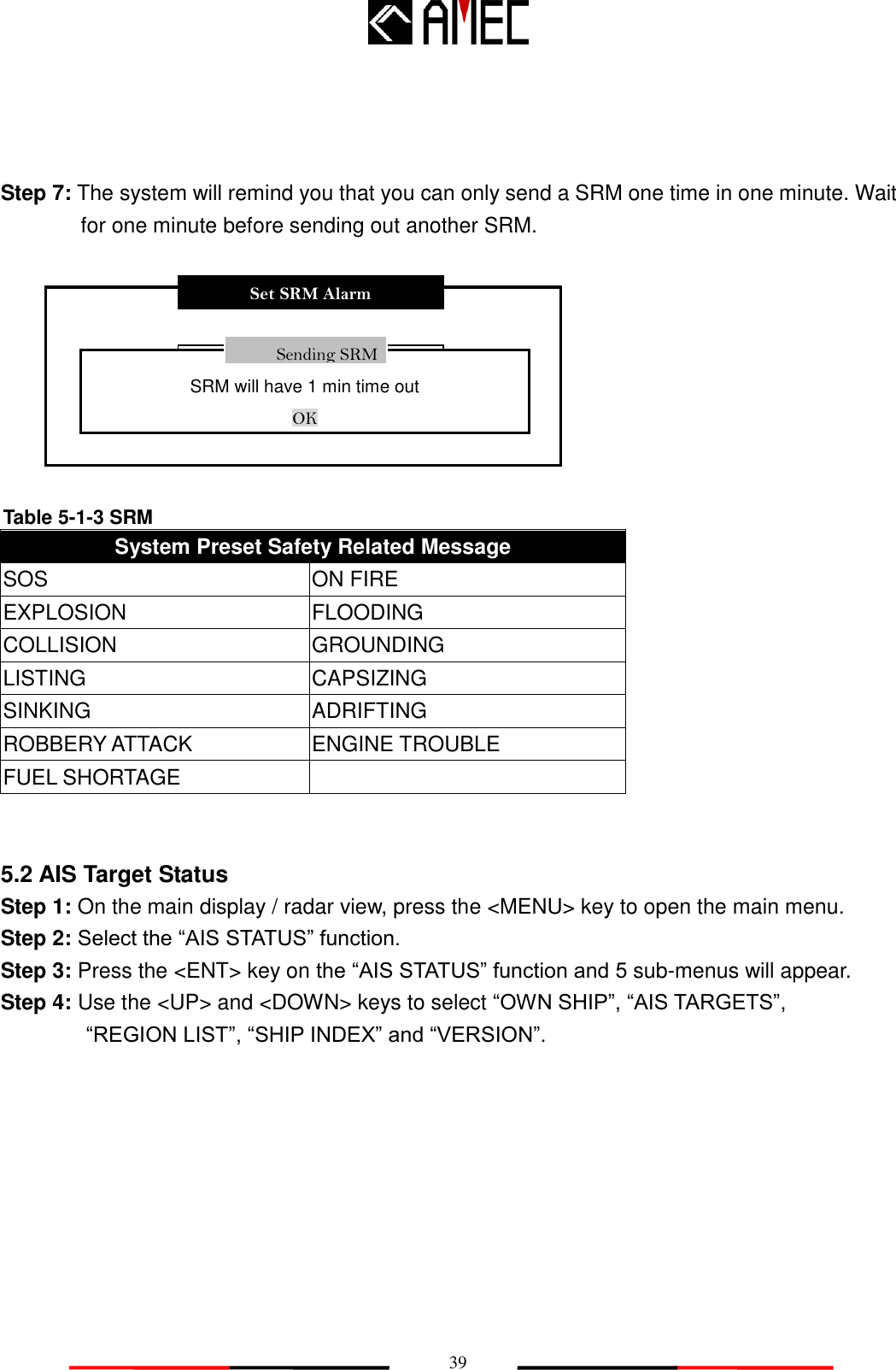  39  Step 7: The system will remind you that you can only send a SRM one time in one minute. Wait for one minute before sending out another SRM.          System Preset Safety Related Message SOS ON FIRE EXPLOSION FLOODING COLLISION GROUNDING LISTING CAPSIZING SINKING ADRIFTING ROBBERY ATTACK ENGINE TROUBLE FUEL SHORTAGE    5.2 AIS Target Status Step 1: On the main display / radar view, press the &lt;MENU&gt; key to open the main menu. Step 2: Select the “AIS STATUS” function. Step 3: Press the &lt;ENT&gt; key on the “AIS STATUS” function and 5 sub-menus will appear. Step 4: Use the &lt;UP&gt; and &lt;DOWN&gt; keys to select “OWN SHIP”, “AIS TARGETS”,           “REGION LIST”, “SHIP INDEX” and “VERSION”. Table 5-1-3 SRM Set SRM Alarm Safety Related Message &lt; SOS..... &gt; Sending SRM SRM will have 1 min time out OK   