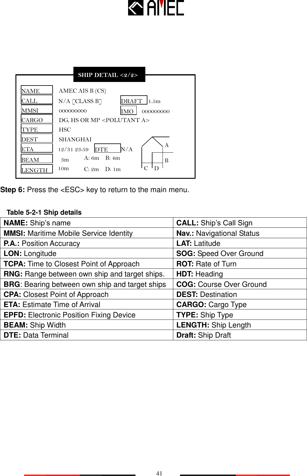   41             Step 6: Press the &lt;ESC&gt; key to return to the main menu.   NAME: Ship‟s name   CALL: Ship‟s Call Sign MMSI: Maritime Mobile Service Identity Nav.: Navigational Status P.A.: Position Accuracy LAT: Latitude LON: Longitude SOG: Speed Over Ground TCPA: Time to Closest Point of Approach ROT: Rate of Turn RNG: Range between own ship and target ships. HDT: Heading   BRG: Bearing between own ship and target ships COG: Course Over Ground   CPA: Closest Point of Approach DEST: Destination ETA: Estimate Time of Arrival   CARGO: Cargo Type EPFD: Electronic Position Fixing Device TYPE: Ship Type BEAM: Ship Width LENGTH: Ship Length DTE: Data Terminal Draft: Ship Draft  SHIP DETAIL &lt;2/2&gt;   DETAIL &lt;2/2&gt; NAME CALL MMSI CARGO TYPE DEST ETA IMO BEAM LENGTH AMEC AIS B (CS) N/A [CLASS B] 000000000 DG, HS OR MP &lt;POLUTANT A&gt; HSC SHANGHAI 12/31 23:59 3m DRAFT DTE 1.5m N/A A: 6m    B: 4m C: 2m    D: 1m 10m 000000000 A B C D Table 5-2-1 Ship details 