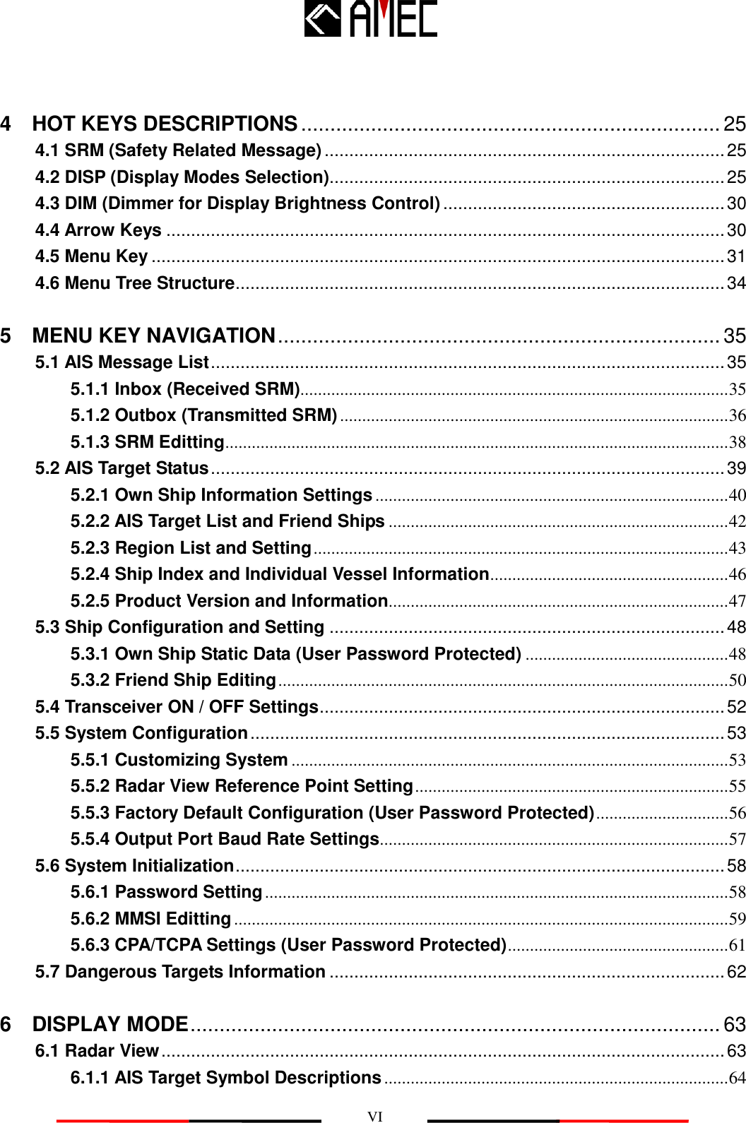   VI 4    HOT KEYS DESCRIPTIONS ........................................................................ 25 4.1 SRM (Safety Related Message) ................................................................................. 25 4.2 DISP (Display Modes Selection)................................................................................ 25 4.3 DIM (Dimmer for Display Brightness Control) ......................................................... 30 4.4 Arrow Keys ................................................................................................................. 30 4.5 Menu Key .................................................................................................................... 31 4.6 Menu Tree Structure ................................................................................................... 34 5    MENU KEY NAVIGATION ............................................................................ 35 5.1 AIS Message List ........................................................................................................ 35 5.1.1 Inbox (Received SRM)................................................................................................. 35 5.1.2 Outbox (Transmitted SRM) ........................................................................................ 36 5.1.3 SRM Editting .................................................................................................................. 38 5.2 AIS Target Status ........................................................................................................ 39 5.2.1 Own Ship Information Settings ................................................................................ 40 5.2.2 AIS Target List and Friend Ships ............................................................................. 42 5.2.3 Region List and Setting .............................................................................................. 43 5.2.4 Ship Index and Individual Vessel Information ...................................................... 46 5.2.5 Product Version and Information............................................................................. 47 5.3 Ship Configuration and Setting ................................................................................ 48 5.3.1 Own Ship Static Data (User Password Protected) .............................................. 48 5.3.2 Friend Ship Editing ...................................................................................................... 50 5.4 Transceiver ON / OFF Settings .................................................................................. 52 5.5 System Configuration ................................................................................................ 53 5.5.1 Customizing System ................................................................................................... 53 5.5.2 Radar View Reference Point Setting ....................................................................... 55 5.5.3 Factory Default Configuration (User Password Protected) .............................. 56 5.5.4 Output Port Baud Rate Settings............................................................................... 57 5.6 System Initialization ................................................................................................... 58 5.6.1 Password Setting ......................................................................................................... 58 5.6.2 MMSI Editting ................................................................................................................ 59 5.6.3 CPA/TCPA Settings (User Password Protected) .................................................. 61 5.7 Dangerous Targets Information ................................................................................ 62 6    DISPLAY MODE ........................................................................................... 63 6.1 Radar View .................................................................................................................. 63 6.1.1 AIS Target Symbol Descriptions .............................................................................. 64 