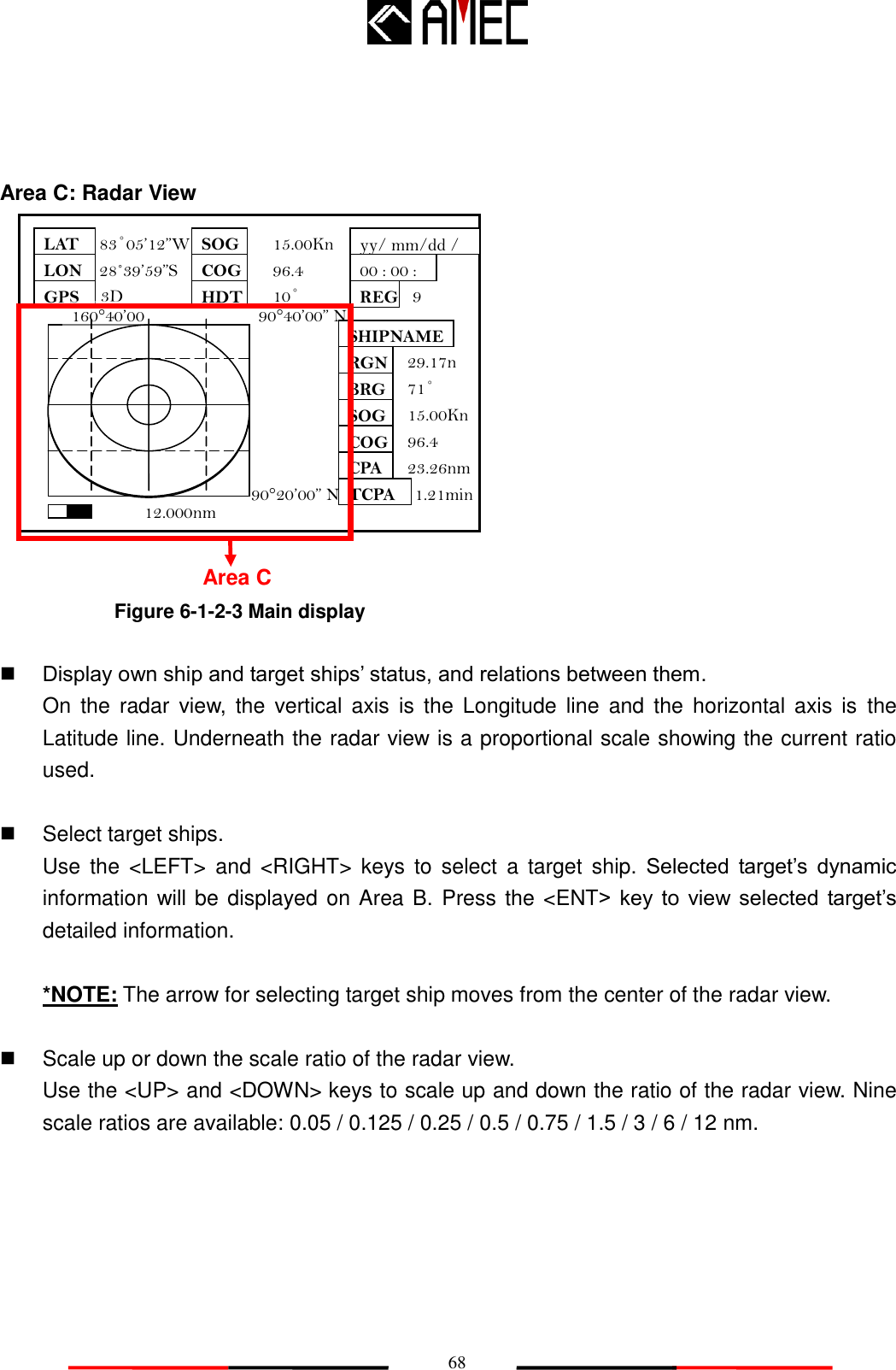  68  Area C: Radar View     Display own ship and target ships‟ status, and relations between them. On  the  radar  view,  the  vertical  axis  is  the  Longitude  line  and  the  horizontal axis is  the Latitude line. Underneath the radar view is a proportional scale showing the current ratio used.    Select target ships. Use  the  &lt;LEFT&gt;  and &lt;RIGHT&gt;  keys  to  select  a  target  ship.  Selected  target‟s  dynamic information will be displayed on Area B.  Press the &lt;ENT&gt; key  to  view selected  target‟s detailed information.  *NOTE: The arrow for selecting target ship moves from the center of the radar view.    Scale up or down the scale ratio of the radar view. Use the &lt;UP&gt; and &lt;DOWN&gt; keys to scale up and down the ratio of the radar view. Nine scale ratios are available: 0.05 / 0.125 / 0.25 / 0.5 / 0.75 / 1.5 / 3 / 6 / 12 nm. LAT LON GPS SOG COG HDT REG 00 : 00 : 00   00 / 00 /00 83˚05.123w 28˚39.600n 3D 15.00Kn 96.4 10˚ 9 160°40.00 E 167°40.00 E 90°40.00 N 90°20.00 N 10nm SHIP NAME: AMEC RGN BRG SOG COG CPA TCPA 29.17nm 71˚ 15.00Kn 96.4 23.26nm 1.21min CH/※ Area C Figure 6-1-2-3 Main display 12.000nm LAT LON GPS SOG COG HDT REG 00 : 00 : 00   yy/ mm/dd / 83˚05’12”W 28˚39’59”S 3D 15.00Kn 96.4 10˚ 9 160°40’00” E 90°40’00” N 90°20’00” N 12.000nm SHIPNAMES NAME: AMEC RGN BRG SOG COG CPA TCPA 29.17nm 71˚ 15.00Kn 96.4 23.26nm 1.21min 