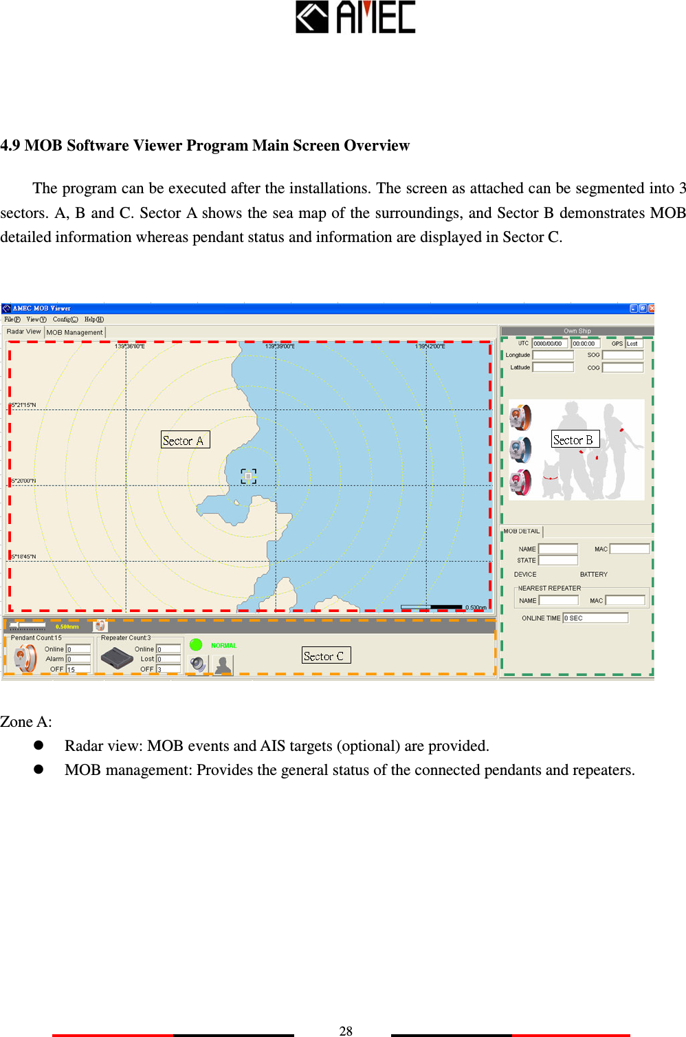   28    4.9 MOB Software Viewer Program Main Screen Overview The program can be executed after the installations. The screen as attached can be segmented into 3 sectors. A, B and C. Sector A shows the sea map of the surroundings, and Sector B demonstrates MOB detailed information whereas pendant status and information are displayed in Sector C.     Zone A:  Radar view: MOB events and AIS targets (optional) are provided.  MOB management: Provides the general status of the connected pendants and repeaters.         