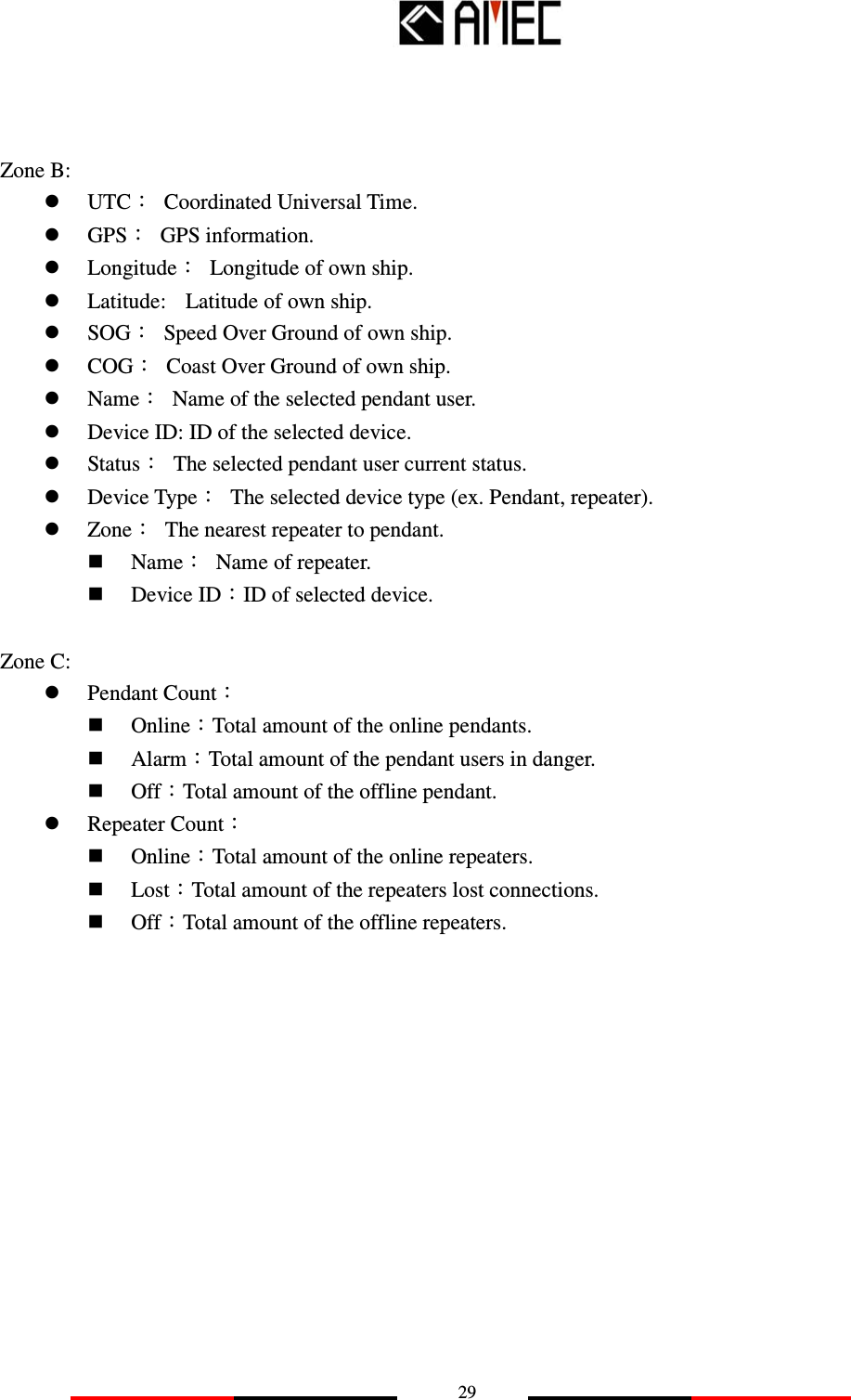   29    Zone B:  UTC：  Coordinated Universal Time.  GPS：  GPS information.  Longitude：  Longitude of own ship.  Latitude:    Latitude of own ship.  SOG：  Speed Over Ground of own ship.  COG：  Coast Over Ground of own ship.  Name：  Name of the selected pendant user.  Device ID: ID of the selected device.  Status：  The selected pendant user current status.    Device Type：  The selected device type (ex. Pendant, repeater).  Zone：  The nearest repeater to pendant.  Name：  Name of repeater.  Device ID：ID of selected device.  Zone C:  Pendant Count：  Online：Total amount of the online pendants.  Alarm：Total amount of the pendant users in danger.  Off：Total amount of the offline pendant.    Repeater Count：    Online：Total amount of the online repeaters.  Lost：Total amount of the repeaters lost connections.  Off：Total amount of the offline repeaters.             