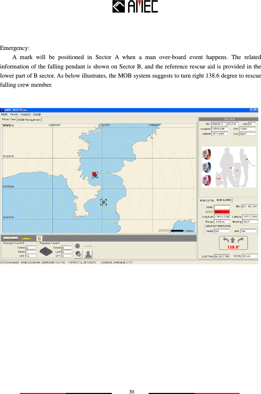   30    Emergency: A  mark  will  be  positioned  in  Sector  A  when  a  man  over-board  event  happens.  The  related information of the falling pendant is shown on Sector B, and the reference rescue aid is provided in the lower part of B sector. As below illustrates, the MOB system suggests to turn right 138.6 degree to rescue falling crew member.                