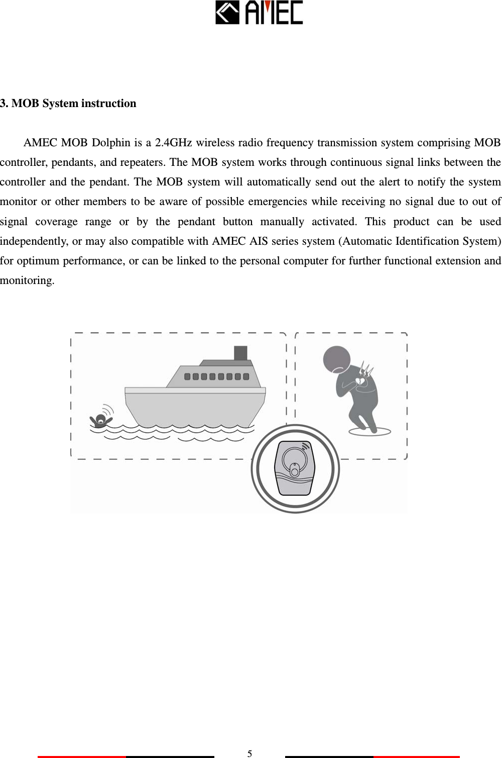   5    3. MOB System instruction      AMEC MOB Dolphin is a 2.4GHz wireless radio frequency transmission system comprising MOB controller, pendants, and repeaters. The MOB system works through continuous signal links between the controller and the pendant. The MOB  system will automatically send out  the alert to notify the  system monitor or other members to be aware of possible emergencies while receiving no  signal  due to out  of signal  coverage  range  or  by  the  pendant  button  manually  activated.  This  product  can  be  used independently, or may also compatible with AMEC AIS series system (Automatic Identification System) for optimum performance, or can be linked to the personal computer for further functional extension and monitoring.                         