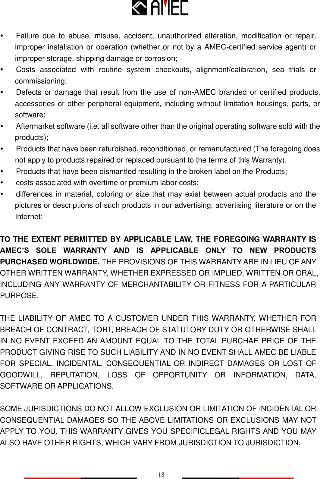   18   Failure  due  to  abuse,  misuse,  accident,  unauthorized  alteration,  modification  or  repair, improper installation or operation (whether or not by a AMEC-certified service agent) or improper storage, shipping damage or corrosion;   Costs  associated  with  routine  system  checkouts,  alignment/calibration,  sea  trials  or commissioning;   Defects or damage that result from the use of non-AMEC branded or  certified  products, accessories or other peripheral equipment, including without limitation housings, parts, or software;   Aftermarket software (i.e. all software other than the original operating software sold with the products);       Products that have been refurbished, reconditioned, or remanufactured (The foregoing does not apply to products repaired or replaced pursuant to the terms of this Warranty).     Products that have been dismantled resulting in the broken label on the Products;       costs associated with overtime or premium labor costs;   differences in material, coloring or size that may exist between actual products and the pictures or descriptions of such products in our advertising, advertising literature or on the Internet;  TO THE EXTENT PERMITTED BY APPLICABLE LAW, THE FOREGOING WARRANTY IS AMEC’S  SOLE  WARRANTY  AND  IS  APPLICABLE  ONLY  TO  NEW  PRODUCTS PURCHASED WORLDWIDE. THE PROVISIONS OF THIS WARRANTY ARE IN LIEU OF ANY OTHER WRITTEN WARRANTY, WHETHER EXPRESSED OR IMPLIED, WRITTEN OR ORAL, INCLUDING ANY WARRANTY OF MERCHANTABILITY OR FITNESS FOR A PARTICULAR PURPOSE.  THE LIABILITY OF AMEC  TO A CUSTOMER UNDER THIS WARRANTY, WHETHER FOR BREACH OF CONTRACT, TORT, BREACH OF STATUTORY DUTY OR OTHERWISE SHALL IN NO EVENT EXCEED AN AMOUNT EQUAL TO THE TOTAL PURCHAE PRICE OF THE PRODUCT GIVING RISE TO SUCH LIABILITY AND IN NO EVENT SHALL AMEC BE LIABLE FOR  SPECIAL,  INCIDENTAL,  CONSEQUENTIAL  OR  INDIRECT DAMAGES  OR  LOST  OF GOODWILL,  REPUTATION,  LOSS  OF  OPPORTUNITY  OR  INFORMATION,  DATA, SOFTWARE OR APPLICATIONS.  SOME JURISDICTIONS DO NOT ALLOW EXCLUSION OR LIMITATION OF INCIDENTAL OR CONSEQUENTIAL DAMAGES SO THE ABOVE LIMITATIONS OR EXCLUSIONS MAY NOT APPLY TO YOU. THIS WARRANTY GIVES YOU SPECIFICLEGAL RIGHTS AND YOU MAY ALSO HAVE OTHER RIGHTS, WHICH VARY FROM JURISDICTION TO JURISDICTION.  