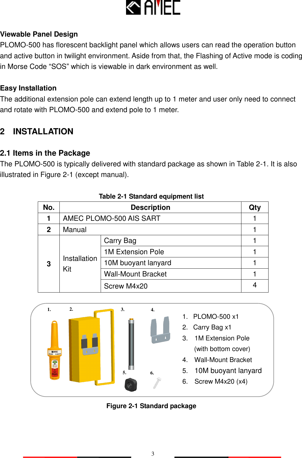   3 Viewable Panel Design PLOMO-500 has florescent backlight panel which allows users can read the operation button and active button in twilight environment. Aside from that, the Flashing of Active mode is coding in Morse Code “SOS” which is viewable in dark environment as well.  Easy Installation The additional extension pole can extend length up to 1 meter and user only need to connect and rotate with PLOMO-500 and extend pole to 1 meter.  2    INSTALLATION  2.1 Items in the Package The PLOMO-500 is typically delivered with standard package as shown in Table 2-1. It is also illustrated in Figure 2-1 (except manual).  Table 2-1 Standard equipment list No. Description Qty 1 AMEC PLOMO-500 AIS SART 1 2 Manual 1 3 Installation Kit Carry Bag 1 1M Extension Pole 1 10M buoyant lanyard 1 Wall-Mount Bracket 1 Screw M4x20 4              Figure 2-1 Standard package  1.  PLOMO-500 x1 2.  Carry Bag x1 3.    1M Extension Pole (with bottom cover) 4.    Wall-Mount Bracket 5.    10M buoyant lanyard 6.  Screw M4x20 (x4) 1. 3. 2. 5. 4. 6. 