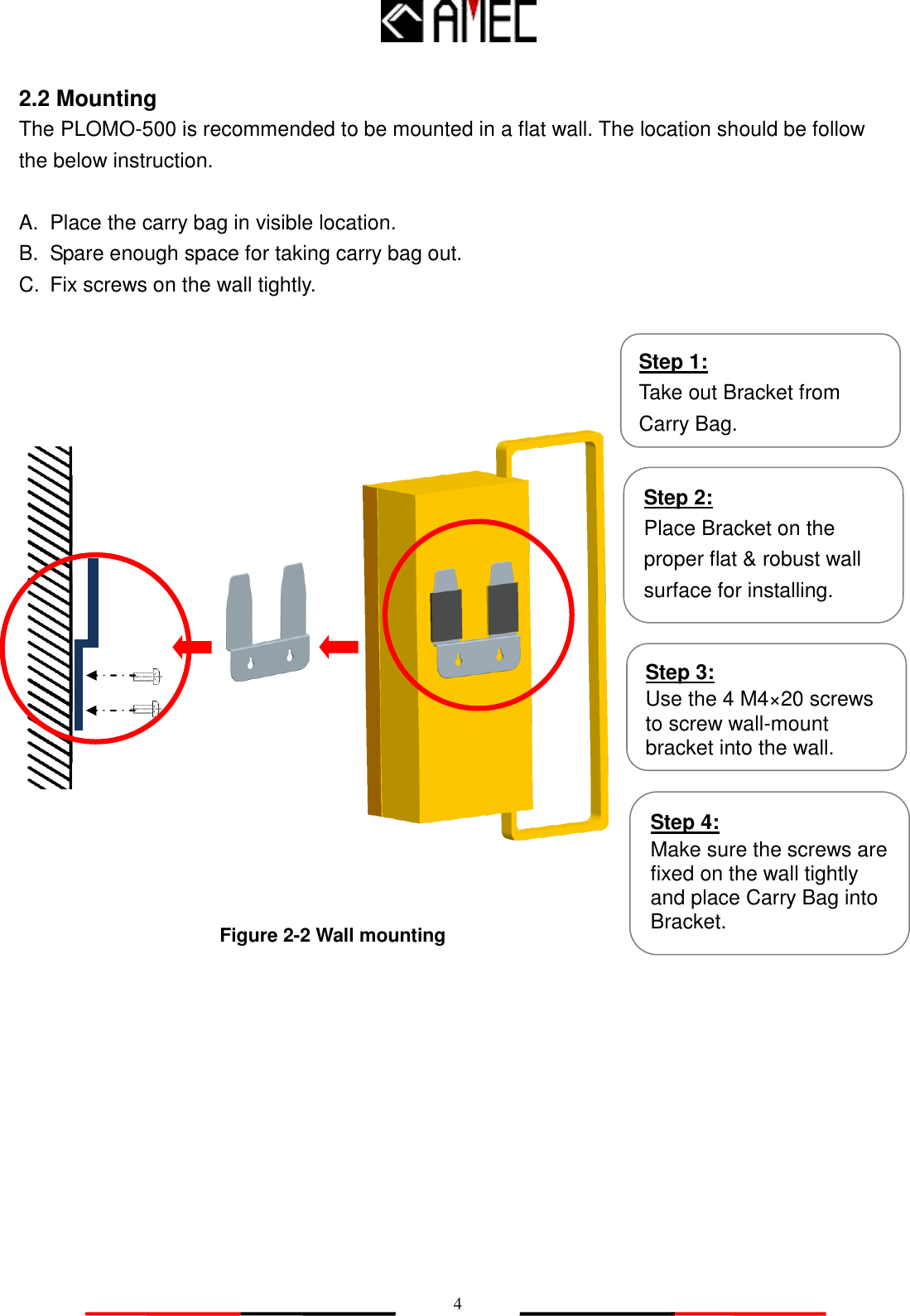   4 2.2 Mounting The PLOMO-500 is recommended to be mounted in a flat wall. The location should be follow the below instruction.  A.  Place the carry bag in visible location. B.  Spare enough space for taking carry bag out. C.  Fix screws on the wall tightly.                       Figure 2-2 Wall mounting         Step 1: Take out Bracket from Carry Bag. Step 2: Place Bracket on the proper flat &amp; robust wall surface for installing.    Step 3: Use the 4 M4×20 screws to screw wall-mount bracket into the wall.   Step 4: Make sure the screws are fixed on the wall tightly and place Carry Bag into Bracket. 
