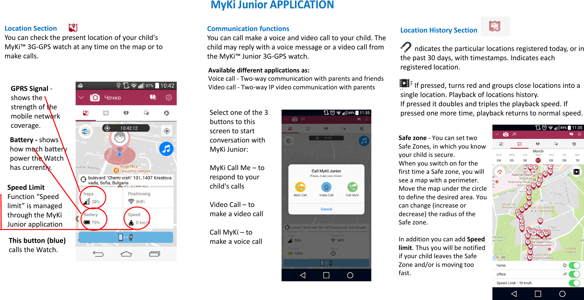 LocationSectionYoucancheckthepresentlocationofyourchild&apos;sMyKi™3G‐GPSwatchatanytimeonthemaportomakecalls.LocationHistorySectionIndicatestheparticularlocationsregisteredtoday,orinthepast30days,withtimestamps.Indicateseachregisteredlocation.Ifpressed,turnsredandgroupscloselocationsintoasinglelocation.Playbackoflocationshistory.Ifpresseditdoublesandtriplestheplaybackspeed.Ifpressedonemoretime,playbackreturnstonormalspeed.Thisbutton(blue)callstheWatch.GPRSSignal‐showsthestrengthofthemobilenetworkcoverage.Battery‐ showshowmuchbatterypowertheWatchhascurrently.Safezone‐YoucansettwoSafeZones,inwhichyouknowyourchildissecure.WhenyouswitchonforthefirsttimeaSafezone,youwillseeamapwithaperimeter.Movethemapunderthecircletodefinethedesiredarea.Youcanchange(increaseordecrease)theradiusoftheSafezone.InadditionyoucanaddSpeedlimit.ThusyouwillbenotifiedifyourchildleavestheSafeZoneand/orismovingtoofast.CommunicationfunctionsYoucancallmakeavoiceandvideocalltoyourchild.ThechildmayreplywithavoicemessageoravideocallfromtheMyKi™Junior3G‐GPSwatch.SpeedLimitFunction“Speedlimit”ismanagedthroughtheMyKiJuniorapplicationSelectoneofthe3buttonstothisscreentostartconversationwithMyKi Junior:MyKi CallMe–torespondtoyourchild&apos;scallsVideoCall–tomakeavideocallCallMyKi – tomakeavoicecallAvailabledifferentapplicationsas:Voicecall‐ Two‐waycommunicationwithparentsandfriendsVideocall‐ Two‐wayIPvideocommunicationwithparents