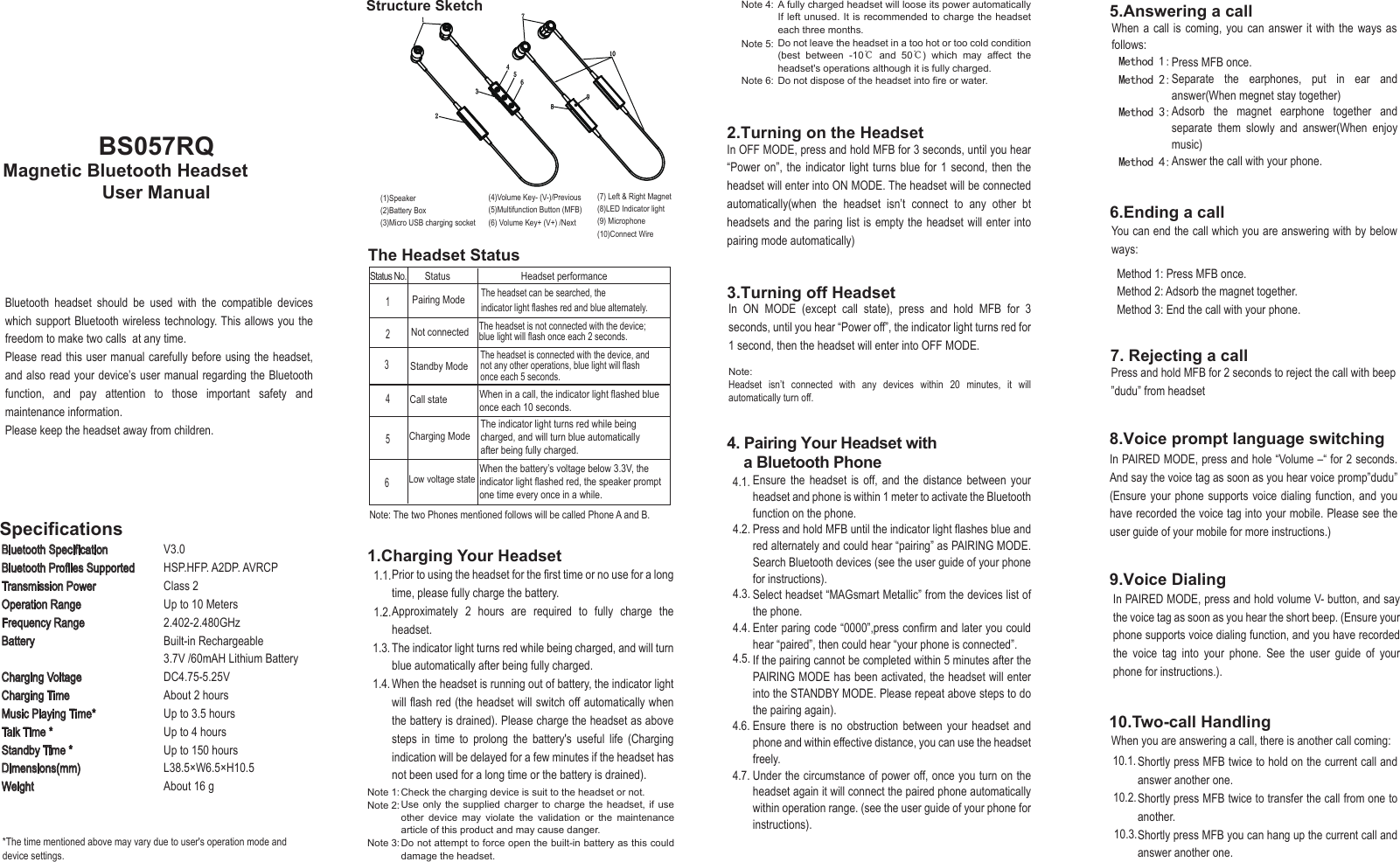 When a call is coming, you can answer it with the ways as follows:BS057RQMagnetic Bluetooth HeadsetUser ManualSpecificationsThe Headset StatusNote: The two Phones mentioned follows will be called Phone A and B.In OFF MODE, press and hold MFB for 3 seconds, until you hear “Power on”, the indicator light turns blue for 1 second, then the headset will enter into ON MODE. The headset will be connected automatically(when the headset isn’t connect to any other bt headsets and the paring list is empty the headset will enter into pairing mode automatically)In ON MODE (except call state), press and hold MFB for 3 seconds, until you hear “Power off”, the indicator light turns red for 1 second, then the headset will enter into OFF MODE.Note: Headset isn’t connected with any devices within 20 minutes, it will automatically turn off.In PAIRED MODE, press and hold volume V- button, and say the voice tag as soon as you hear the short beep. (Ensure your phone supports voice dialing function, and you have recorded the voice tag into your phone. See the user guide of your phone for instructions.).Method 1: Press MFB once.Method 2: Adsorb the magnet together.Method 3: End the call with your phone.Shortly press MFB twice to hold on the current call and answer another one.Shortly press MFB twice to transfer the call from one to another.Shortly press MFB you can hang up the current call and answer another one.4. Pairing Your Headset with     a Bluetooth Phone5.Answering a call 7. Rejecting a call8.Voice prompt language switchingWhen you are answering a call, there is another call coming:Structure Sketch9.Voice DialingStatus No.  Status Pairing Mode Not connected Standby Mode Charging Mode Low voltage state  Call stateHeadset performanceThe headset can be searched, the indicator light flashes red and blue alternately.The headset is not connected with the device; blue light will flash once each 2 seconds.The headset is connected with the device, andnot any other operations, blue light will flash once each 5 seconds.When in a call, the indicator light flashed blue once each 10 seconds.The indicator light turns red while being charged, and will turn blue automaticallyafter being fully charged.When the battery’s voltage below 3.3V, the indicator light flashed red, the speaker promptone time every once in a while..Method 1: Method 2:Method 3:Method 4:6.Ending a callPress MFB once.Separate the earphones, put in ear and answer(When megnet stay together)Adsorb the magnet earphone together and separate them slowly and answer(When enjoy music)Answer the call with your phone.Bluetooth SpecificationBluetooth Profiles SupportedTransmission PowerOperation RangeFrequency RangeBatteryCharging VoltageCharging TimeMusic Playing Time*Talk Time *Standby Time *Dimensions(mm)WeightV3.0HSP.HFP. A2DP. AVRCPClass 2Up to 10 Meters2.402-2.480GHz Built-in Rechargeable3.7V /60mAH Lithium BatteryDC4.75-5.25VAbout 2 hoursUp to 3.5 hoursUp to 4 hoursUp to 150 hoursL38.5×W6.5×H10.5About 16 g*The time mentioned above may vary due to user&apos;s operation mode and device settings.1.Charging Your HeadsetPrior to using the headset for the first time or no use for a long time, please fully charge the battery.Approximately 2 hours are required to fully charge the headset.The indicator light turns red while being charged, and will turn blue automatically after being fully charged.When the headset is running out of battery, the indicator light will flash red (the headset will switch off automatically when the battery is drained). Please charge the headset as above steps in time to prolong the battery&apos;s useful life (Charging indication will be delayed for a few minutes if the headset has not been used for a long time or the battery is drained).1.2.1.3.1.4.1.1.Check the charging device is suit to the headset or not.Use only the supplied charger to charge the headset, if use other device may violate the validation or the maintenance article of this product and may cause danger. Do not attempt to force open the built-in battery as this could damage the headset.Note 1:Note 2:Note 3:Note 4:Note 5:Note 6:2.Turning on the Headset3.Turning off HeadsetEnsure the headset is off, and the distance between your headset and phone is within 1 meter to activate the Bluetooth function on the phone. Press and hold MFB until the indicator light flashes blue and red alternately and could hear “pairing” as PAIRING MODE. Search Bluetooth devices (see the user guide of your phone for instructions).Select headset “MAGsmart Metallic” from the devices list of the phone. Enter paring code “0000”,press confirm and later you could hear “paired”, then could hear “your phone is connected”.If the pairing cannot be completed within 5 minutes after the PAIRING MODE has been activated, the headset will enter into the STANDBY MODE. Please repeat above steps to do the pairing again).Ensure there is no obstruction between your headset and phone and within effective distance, you can use the headset freely.Under the circumstance of power off, once you turn on the headset again it will connect the paired phone automatically within operation range. (see the user guide of your phone for instructions).4.1.10.1.10.2.10.3.4.2.4.3.4.4.4.5.4.6.4.7.10.Two-call Handling123456Press and hold MFB for 2 seconds to reject the call with beep ”dudu” from headsetIn PAIRED MODE, press and hole “Volume –“ for 2 seconds. And say the voice tag as soon as you hear voice promp”dudu” (Ensure your phone supports voice dialing function, and you have recorded the voice tag into your mobile. Please see the user guide of your mobile for more instructions.)You can end the call which you are answering with by below ways:Bluetooth headset should be used with the compatible devices which support Bluetooth wireless technology. This allows you the freedom to make two calls  at any time.Please read this user manual carefully before using the headset, and also read your device’s user manual regarding the Bluetooth function, and pay attention to those important safety and maintenance information.Please keep the headset away from children.(1)Speaker(2)Battery Box (3)Micro USB charging socket  (4)Volume Key- (V-)/Previous(5)Multifunction Button (MFB) (6) Volume Key+ (V+) /Next(7) Left &amp; Right Magnet(8)LED Indicator light(9) Microphone (10)Connect WireA fully charged headset will loose its power automatically If left unused. It is recommended to charge the headset each three months. Do not leave the headset in a too hot or too cold condition (best between -10℃ and 50℃) which may affect the headset&apos;s operations although it is fully charged.Do not dispose of the headset into fire or water. 