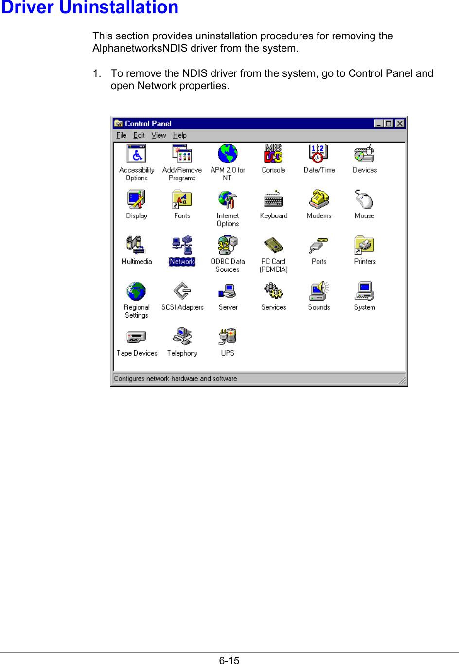 6-15Driver UninstallationThis section provides uninstallation procedures for removing theAlphanetworksNDIS driver from the system.1.  To remove the NDIS driver from the system, go to Control Panel andopen Network properties.