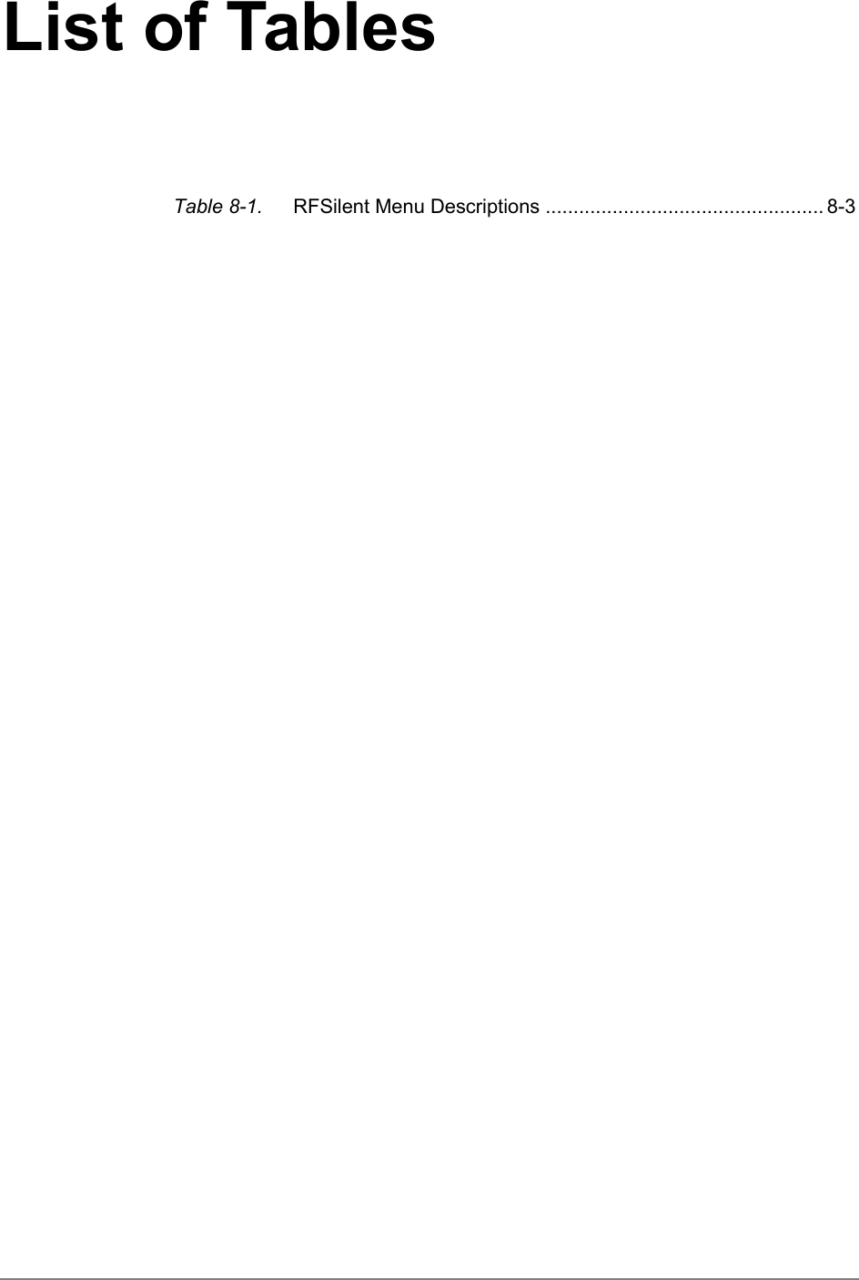 List of TablesTable 8-1. RFSilent Menu Descriptions .................................................. 8-3