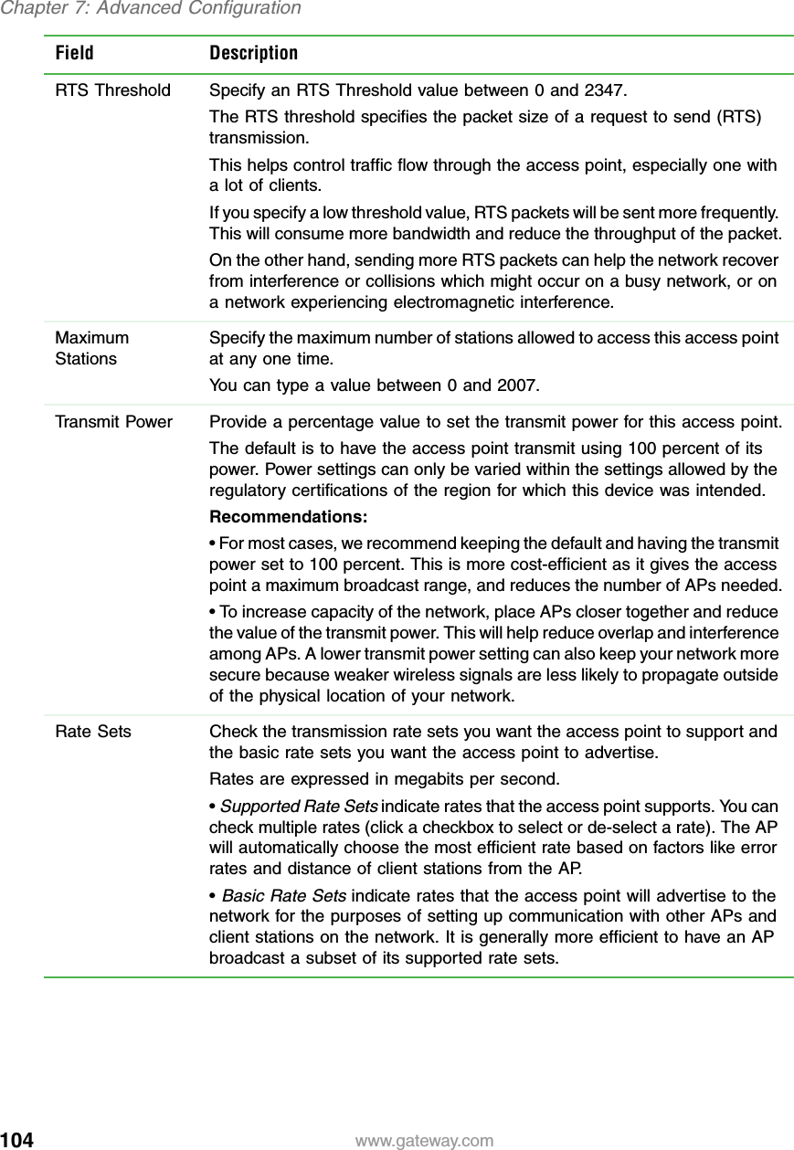 104Chapter 7: Advanced Configurationwww.gateway.comRTS Threshold Specify an RTS Threshold value between 0 and 2347.The RTS threshold specifies the packet size of a request to send (RTS) transmission.This helps control traffic flow through the access point, especially one with a lot of clients.If you specify a low threshold value, RTS packets will be sent more frequently. This will consume more bandwidth and reduce the throughput of the packet.On the other hand, sending more RTS packets can help the network recover from interference or collisions which might occur on a busy network, or on a network experiencing electromagnetic interference.Maximum StationsSpecify the maximum number of stations allowed to access this access point at any one time.You can type a value between 0 and 2007.Transmit Power Provide a percentage value to set the transmit power for this access point.The default is to have the access point transmit using 100 percent of its power. Power settings can only be varied within the settings allowed by the regulatory certifications of the region for which this device was intended.Recommendations:• For most cases, we recommend keeping the default and having the transmit power set to 100 percent. This is more cost-efficient as it gives the access point a maximum broadcast range, and reduces the number of APs needed.• To increase capacity of the network, place APs closer together and reduce the value of the transmit power. This will help reduce overlap and interference among APs. A lower transmit power setting can also keep your network more secure because weaker wireless signals are less likely to propagate outside of the physical location of your network.Rate Sets Check the transmission rate sets you want the access point to support and the basic rate sets you want the access point to advertise.Rates are expressed in megabits per second.• Supported Rate Sets indicate rates that the access point supports. You can check multiple rates (click a checkbox to select or de-select a rate). The AP will automatically choose the most efficient rate based on factors like error rates and distance of client stations from the AP.• Basic Rate Sets indicate rates that the access point will advertise to the network for the purposes of setting up communication with other APs and client stations on the network. It is generally more efficient to have an AP broadcast a subset of its supported rate sets.Field Description