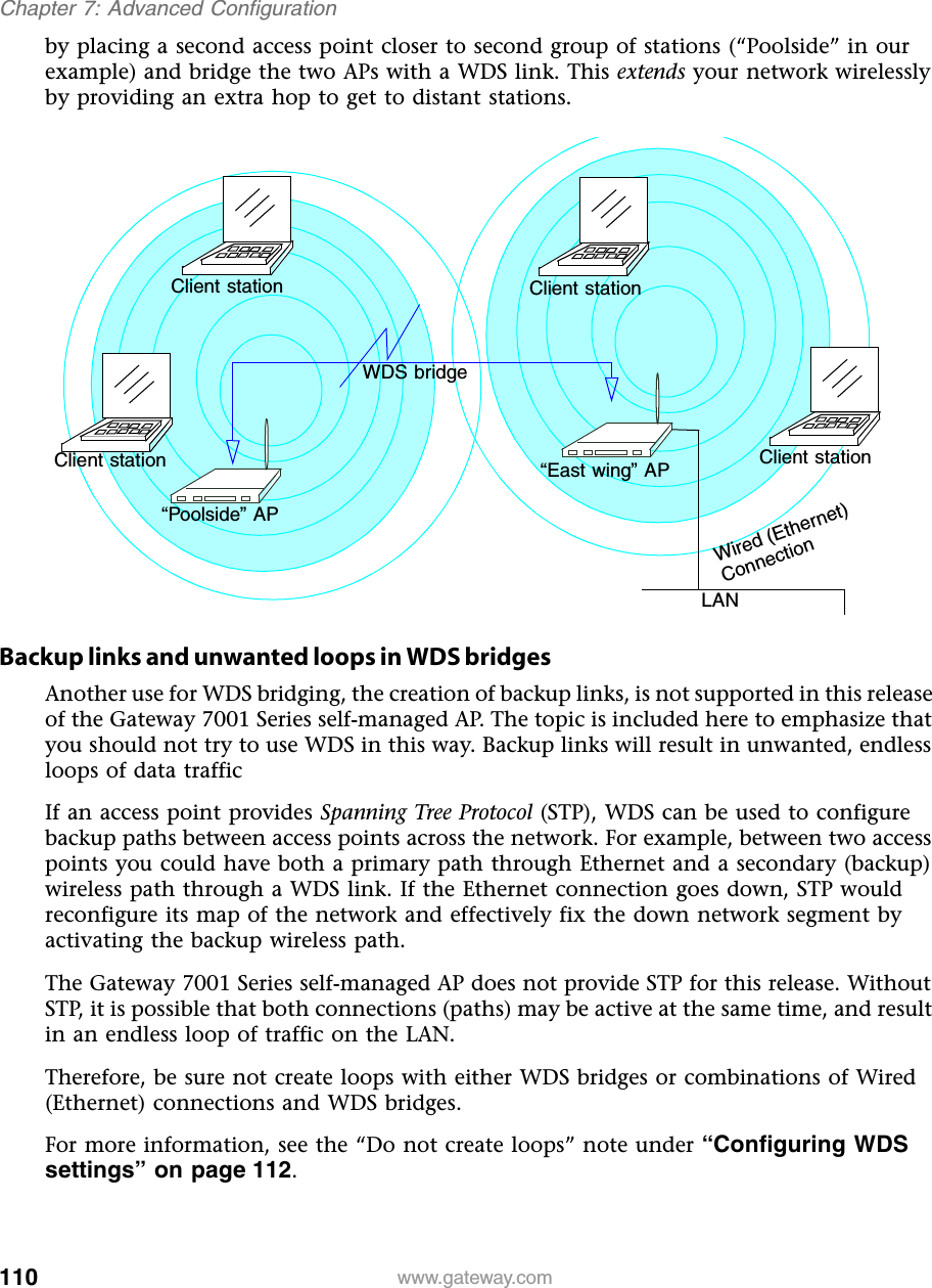 110Chapter 7: Advanced Configurationwww.gateway.comby placing a second access point closer to second group of stations (“Poolside” in our example) and bridge the two APs with a WDS link. This extends your network wirelessly by providing an extra hop to get to distant stations.Backup links and unwanted loops in WDS bridgesAnother use for WDS bridging, the creation of backup links, is not supported in this release of the Gateway 7001 Series self-managed AP. The topic is included here to emphasize that you should not try to use WDS in this way. Backup links will result in unwanted, endless loops of data traffic If an access point provides Spanning Tree Protocol (STP), WDS can be used to configure backup paths between access points across the network. For example, between two access points you could have both a primary path through Ethernet and a secondary (backup) wireless path through a WDS link. If the Ethernet connection goes down, STP would reconfigure its map of the network and effectively fix the down network segment by activating the backup wireless path.The Gateway 7001 Series self-managed AP does not provide STP for this release. Without STP, it is possible that both connections (paths) may be active at the same time, and result in an endless loop of traffic on the LAN.Therefore, be sure not create loops with either WDS bridges or combinations of Wired (Ethernet) connections and WDS bridges.For more information, see the “Do not create loops” note under “Configuring WDS settings” on page 112.Wired (Ethernet)ConnectionClient station Client stationClient stationClient stationWDS bridge“East wing” AP“Poolside” APLAN