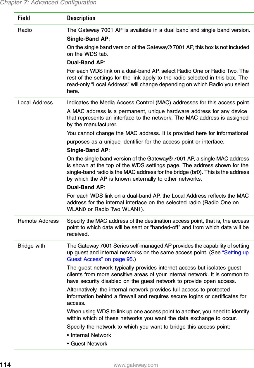 114Chapter 7: Advanced Configurationwww.gateway.comField DescriptionRadio The Gateway 7001 AP is available in a dual band and single band version.Single-Band AP:On the single band version of the Gateway® 7001 AP, this box is not included on the WDS tab.Dual-Band AP:For each WDS link on a dual-band AP, select Radio One or Radio Two. The rest of the settings for the link apply to the radio selected in this box. The read-only “Local Address” will change depending on which Radio you select here.Local Address Indicates the Media Access Control (MAC) addresses for this access point.A MAC address is a permanent, unique hardware address for any device that represents an interface to the network. The MAC address is assigned by the manufacturer.You cannot change the MAC address. It is provided here for informationalpurposes as a unique identifier for the access point or interface.Single-Band AP:On the single band version of the Gateway® 7001 AP, a single MAC address is shown at the top of the WDS settings page. The address shown for the single-band radio is the MAC address for the bridge (br0). This is the address by which the AP is known externally to other networks.Dual-Band AP:For each WDS link on a dual-band AP, the Local Address reflects the MAC address for the internal interface on the selected radio (Radio One on WLAN0 or Radio Two WLAN1).Remote Address Specify the MAC address of the destination access point, that is, the access point to which data will be sent or “handed-off” and from which data will be received.Bridge with The Gateway 7001 Series self-managed AP provides the capability of setting up guest and internal networks on the same access point. (See “Setting up Guest Access” on page 95.)The guest network typically provides internet access but isolates guest clients from more sensitive areas of your internal network. It is common to have security disabled on the guest network to provide open access.Alternatively, the internal network provides full access to protected information behind a firewall and requires secure logins or certificates for access.When using WDS to link up one access point to another, you need to identify within which of these networks you want the data exchange to occur.Specify the network to which you want to bridge this access point:• Internal Network• Guest Network