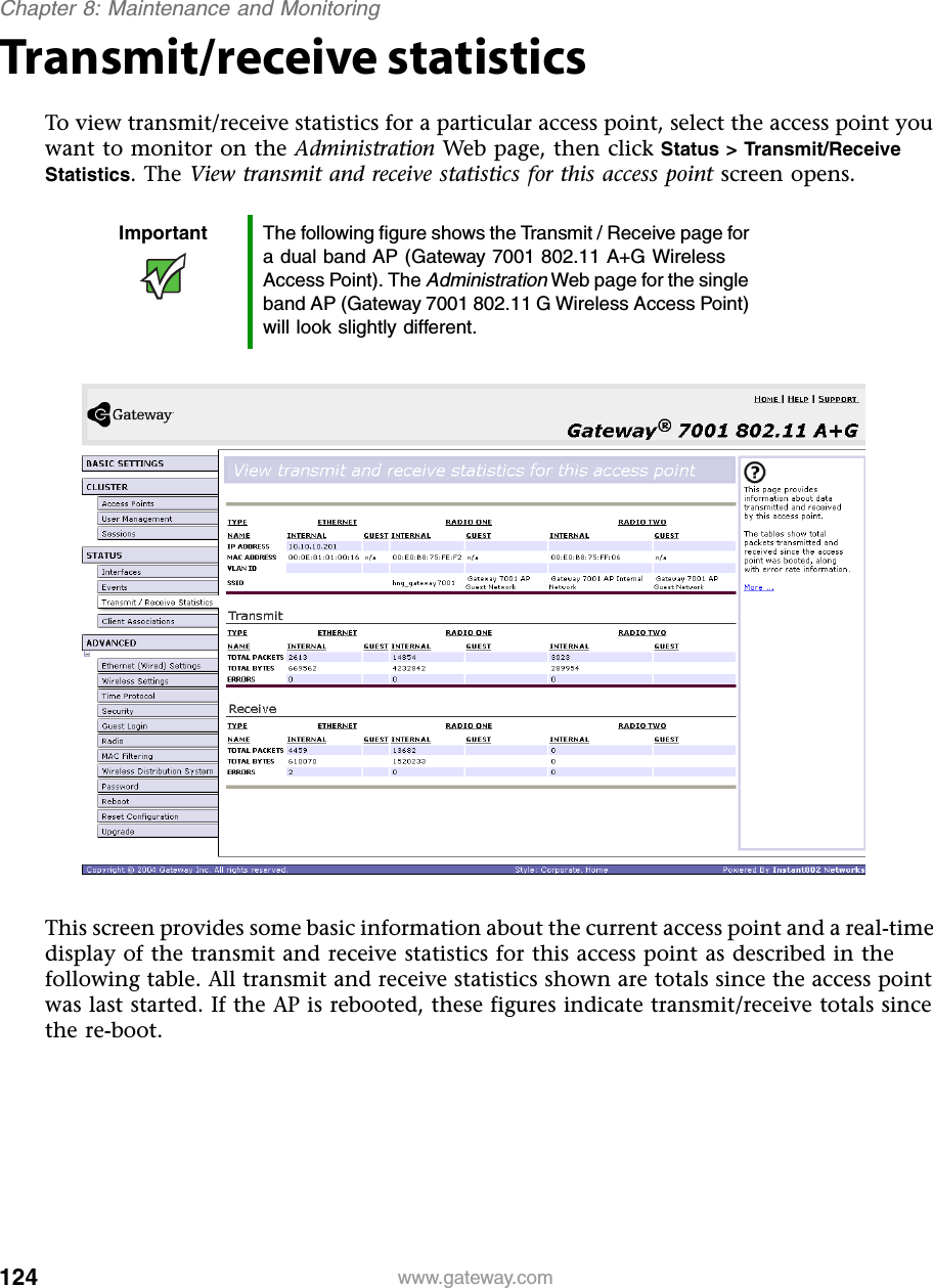124Chapter 8: Maintenance and Monitoringwww.gateway.comTransmit/receive statisticsTo view transmit/receive statistics for a particular access point, select the access point you want to monitor on the Administration Web page, then click Status &gt; Transmit/Receive Statistics. The View transmit and receive statistics for this access point screen opens.This screen provides some basic information about the current access point and a real-time display of the transmit and receive statistics for this access point as described in the following table. All transmit and receive statistics shown are totals since the access point was last started. If the AP is rebooted, these figures indicate transmit/receive totals since the re-boot.Important The following figure shows the Transmit / Receive page for a dual band AP (Gateway 7001 802.11 A+G Wireless Access Point). The Administration Web page for the single band AP (Gateway 7001 802.11 G Wireless Access Point) will look slightly different.