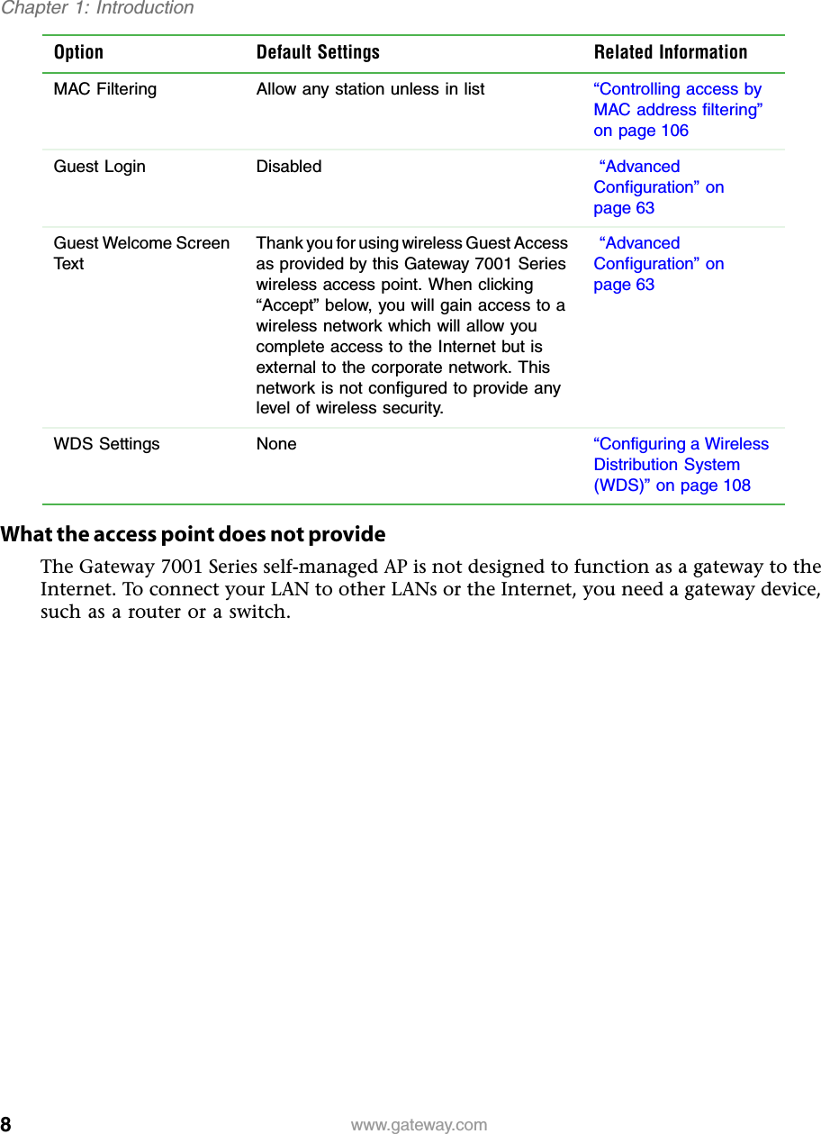 8Chapter 1: Introductionwww.gateway.comWhat the access point does not provideThe Gateway 7001 Series self-managed AP is not designed to function as a gateway to the Internet. To connect your LAN to other LANs or the Internet, you need a gateway device, such as a router or a switch.MAC Filtering Allow any station unless in list “Controlling access by MAC address filtering” on page 106Guest Login Disabled  “Advanced Configuration” on page 63Guest Welcome Screen Tex tThank you for using wireless Guest Access as provided by this Gateway 7001 Series wireless access point. When clicking “Accept” below, you will gain access to a wireless network which will allow you complete access to the Internet but is external to the corporate network. This network is not configured to provide any level of wireless security. “Advanced Configuration” on page 63WDS Settings None “Configuring a Wireless Distribution System (WDS)” on page 108Option Default Settings Related Information