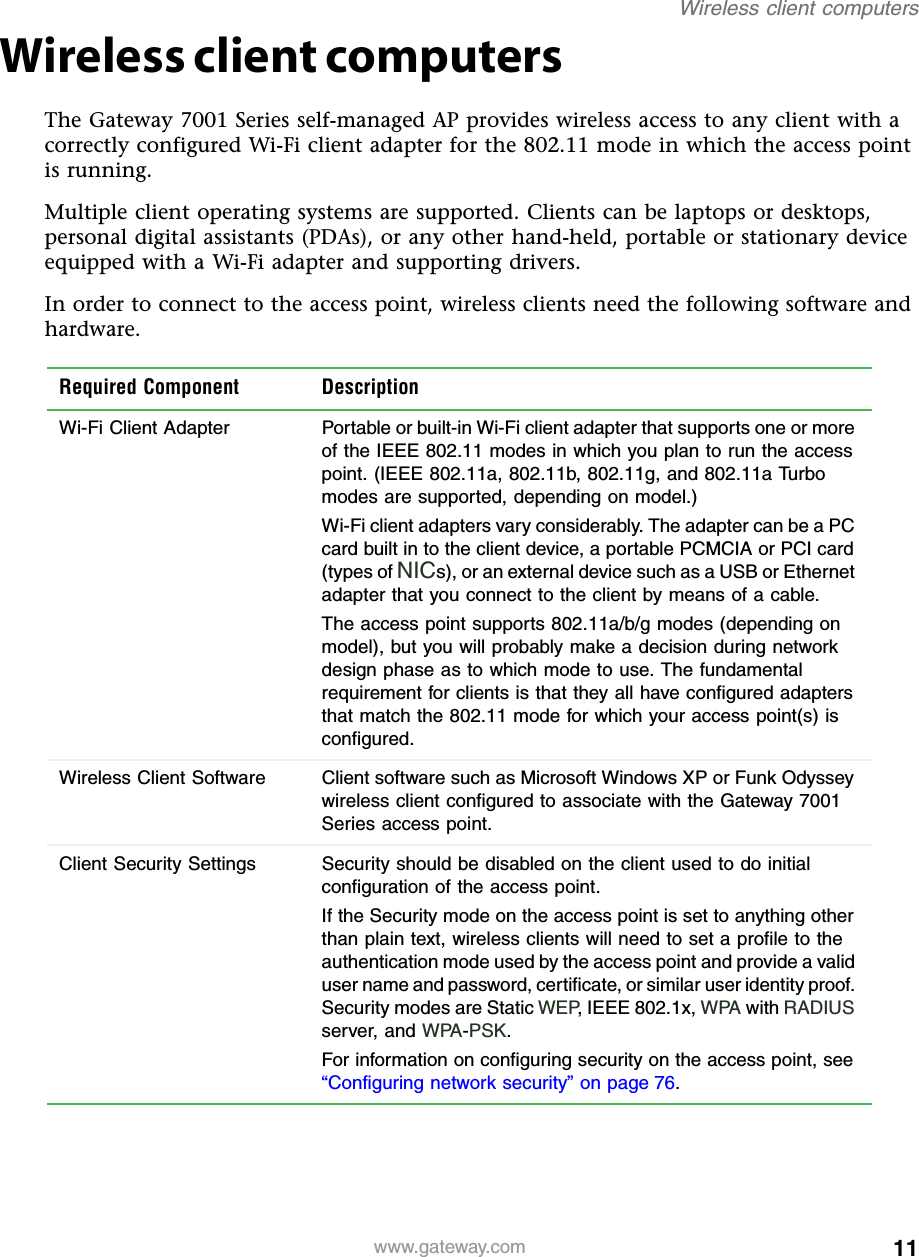 11Wireless client computerswww.gateway.comWireless client computersThe Gateway 7001 Series self-managed AP provides wireless access to any client with a correctly configured Wi-Fi client adapter for the 802.11 mode in which the access point is running.Multiple client operating systems are supported. Clients can be laptops or desktops, personal digital assistants (PDAs), or any other hand-held, portable or stationary device equipped with a Wi-Fi adapter and supporting drivers.In order to connect to the access point, wireless clients need the following software and hardware.Required Component DescriptionWi-Fi Client Adapter Portable or built-in Wi-Fi client adapter that supports one or more of the IEEE 802.11 modes in which you plan to run the access point. (IEEE 802.11a, 802.11b, 802.11g, and 802.11a Turbo modes are supported, depending on model.)Wi-Fi client adapters vary considerably. The adapter can be a PC card built in to the client device, a portable PCMCIA or PCI card (types of NICs), or an external device such as a USB or Ethernet adapter that you connect to the client by means of a cable.The access point supports 802.11a/b/g modes (depending on model), but you will probably make a decision during network design phase as to which mode to use. The fundamental requirement for clients is that they all have configured adapters that match the 802.11 mode for which your access point(s) is configured.Wireless Client Software Client software such as Microsoft Windows XP or Funk Odyssey wireless client configured to associate with the Gateway 7001 Series access point.Client Security Settings Security should be disabled on the client used to do initial configuration of the access point.If the Security mode on the access point is set to anything other than plain text, wireless clients will need to set a profile to the authentication mode used by the access point and provide a valid user name and password, certificate, or similar user identity proof. Security modes are Static WEP, IEEE 802.1x, WPA with RADIUS server, and WPA-PSK.For information on configuring security on the access point, see “Configuring network security” on page 76.