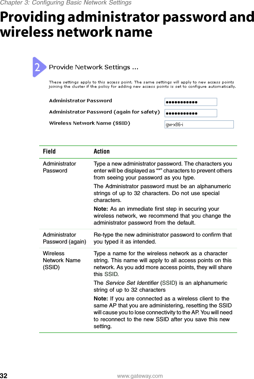 32Chapter 3: Configuring Basic Network Settingswww.gateway.comProviding administrator password and wireless network nameField ActionAdministrator PasswordType a new administrator password. The characters you enter will be displayed as “*” characters to prevent others from seeing your password as you type.The Administrator password must be an alphanumeric strings of up to 32 characters. Do not use special characters.Note: As an immediate first step in securing your wireless network, we recommend that you change the administrator password from the default.Administrator Password (again)Re-type the new administrator password to confirm that you typed it as intended.Wireless Network Name (SSID)Type a name for the wireless network as a character string. This name will apply to all access points on this network. As you add more access points, they will share this SSID.The Service Set Identifier (SSID) is an alphanumeric string of up to 32 characters Note: If you are connected as a wireless client to the same AP that you are administering, resetting the SSID will cause you to lose connectivity to the AP. You will need to reconnect to the new SSID after you save this new setting.