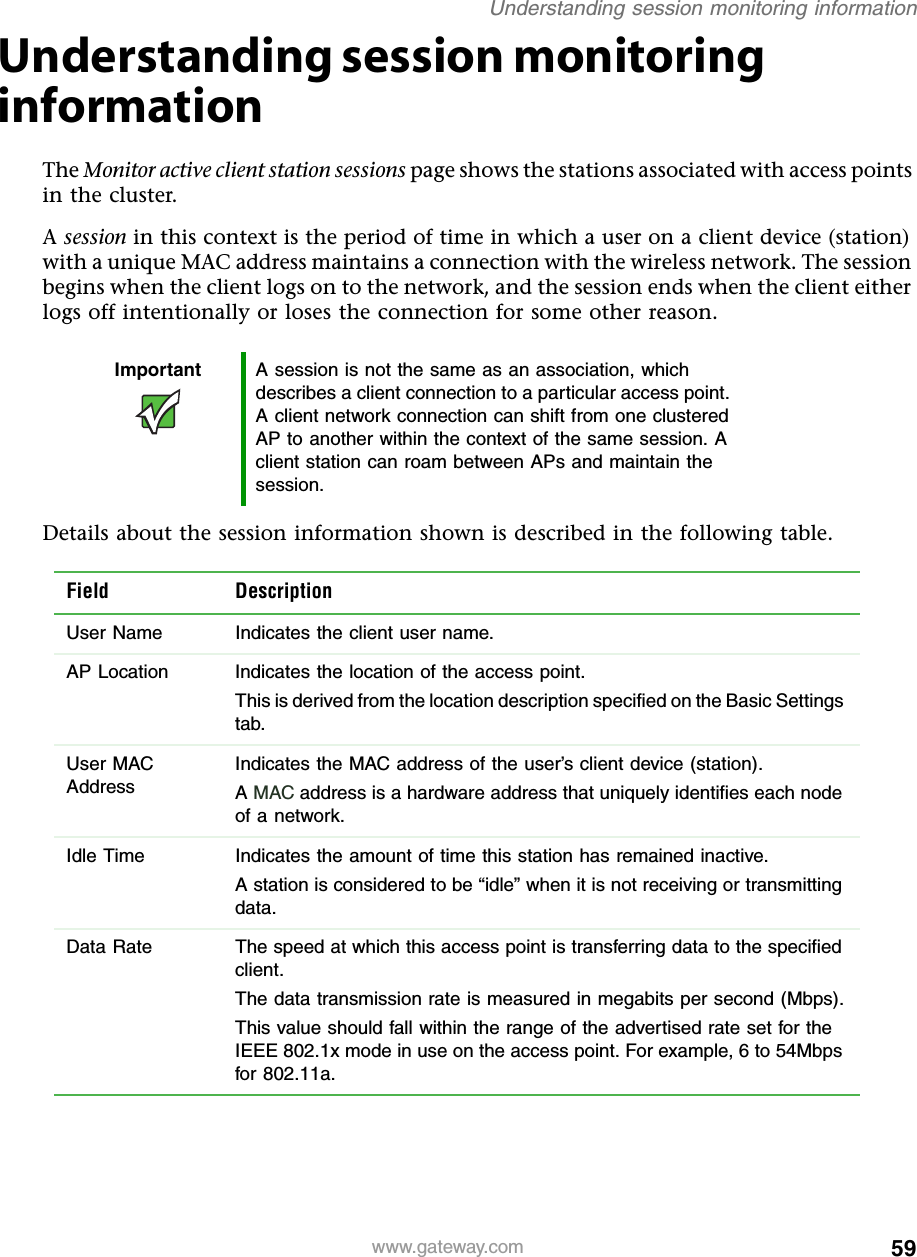 59Understanding session monitoring informationwww.gateway.comUnderstanding session monitoring informationThe Monitor active client station sessions page shows the stations associated with access points in the cluster.A session in this context is the period of time in which a user on a client device (station) with a unique MAC address maintains a connection with the wireless network. The session begins when the client logs on to the network, and the session ends when the client either logs off intentionally or loses the connection for some other reason.Details about the session information shown is described in the following table.Important A session is not the same as an association, which describes a client connection to a particular access point. A client network connection can shift from one clustered AP to another within the context of the same session. A client station can roam between APs and maintain the session.Field DescriptionUser Name Indicates the client user name.AP Location Indicates the location of the access point.This is derived from the location description specified on the Basic Settings tab.User MAC AddressIndicates the MAC address of the user’s client device (station).A MAC address is a hardware address that uniquely identifies each node of a network.Idle Time Indicates the amount of time this station has remained inactive.A station is considered to be “idle” when it is not receiving or transmitting data.Data Rate  The speed at which this access point is transferring data to the specified client.The data transmission rate is measured in megabits per second (Mbps).This value should fall within the range of the advertised rate set for the IEEE 802.1x mode in use on the access point. For example, 6 to 54Mbps for 802.11a.