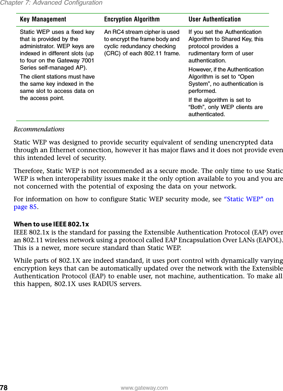 78Chapter 7: Advanced Configurationwww.gateway.comRecommendationsStatic WEP was designed to provide security equivalent of sending unencrypted data through an Ethernet connection, however it has major flaws and it does not provide even this intended level of security.Therefore, Static WEP is not recommended as a secure mode. The only time to use Static WEP is when interoperability issues make it the only option available to you and you are not concerned with the potential of exposing the data on your network.For information on how to configure Static WEP security mode, see “Static WEP” on page 85.When to use IEEE 802.1xIEEE 802.1x is the standard for passing the Extensible Authentication Protocol (EAP) over an 802.11 wireless network using a protocol called EAP Encapsulation Over LANs (EAPOL). This is a newer, more secure standard than Static WEP.While parts of 802.1X are indeed standard, it uses port control with dynamically varying encryption keys that can be automatically updated over the network with the Extensible Authentication Protocol (EAP) to enable user, not machine, authentication. To make all this happen, 802.1X uses RADIUS servers.Key Management Encryption Algorithm User AuthenticationStatic WEP uses a fixed key that is provided by the administrator. WEP keys are indexed in different slots (up to four on the Gateway 7001 Series self-managed AP).The client stations must have the same key indexed in the same slot to access data on the access point.An RC4 stream cipher is used to encrypt the frame body and cyclic redundancy checking (CRC) of each 802.11 frame.If you set the Authentication Algorithm to Shared Key, this protocol provides a rudimentary form of user authentication.However, if the Authentication Algorithm is set to “Open System”, no authentication is performed.If the algorithm is set to “Both”, only WEP clients are authenticated.