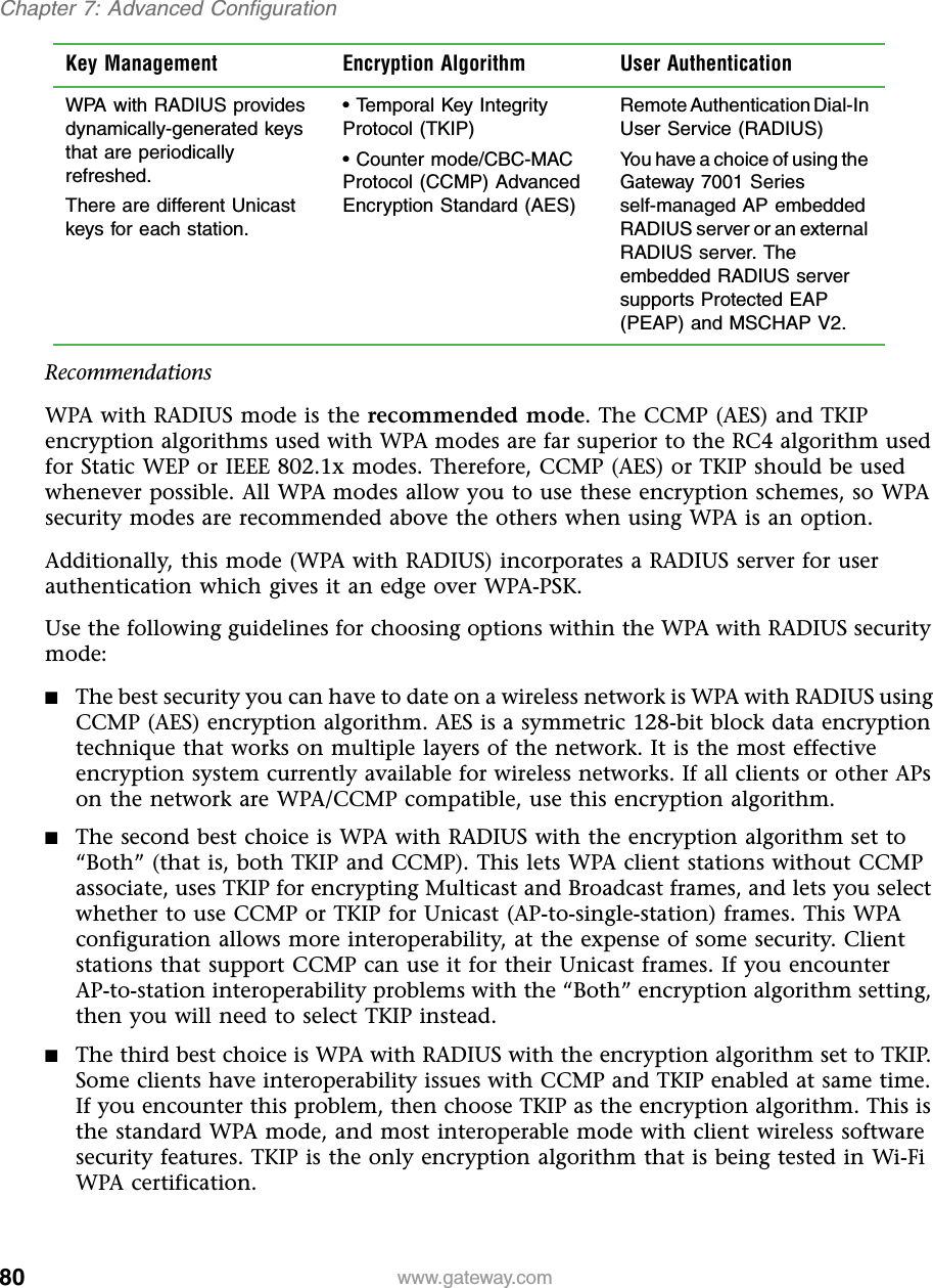 80Chapter 7: Advanced Configurationwww.gateway.comRecommendationsWPA with RADIUS mode is the recommended mode. The CCMP (AES) and TKIP encryption algorithms used with WPA modes are far superior to the RC4 algorithm used for Static WEP or IEEE 802.1x modes. Therefore, CCMP (AES) or TKIP should be used whenever possible. All WPA modes allow you to use these encryption schemes, so WPA security modes are recommended above the others when using WPA is an option.Additionally, this mode (WPA with RADIUS) incorporates a RADIUS server for user authentication which gives it an edge over WPA-PSK.Use the following guidelines for choosing options within the WPA with RADIUS security mode:■The best security you can have to date on a wireless network is WPA with RADIUS using CCMP (AES) encryption algorithm. AES is a symmetric 128-bit block data encryption technique that works on multiple layers of the network. It is the most effective encryption system currently available for wireless networks. If all clients or other APs on the network are WPA/CCMP compatible, use this encryption algorithm.■The second best choice is WPA with RADIUS with the encryption algorithm set to “Both” (that is, both TKIP and CCMP). This lets WPA client stations without CCMP associate, uses TKIP for encrypting Multicast and Broadcast frames, and lets you select whether to use CCMP or TKIP for Unicast (AP-to-single-station) frames. This WPA configuration allows more interoperability, at the expense of some security. Client stations that support CCMP can use it for their Unicast frames. If you encounter AP-to-station interoperability problems with the “Both” encryption algorithm setting, then you will need to select TKIP instead.■The third best choice is WPA with RADIUS with the encryption algorithm set to TKIP. Some clients have interoperability issues with CCMP and TKIP enabled at same time. If you encounter this problem, then choose TKIP as the encryption algorithm. This is the standard WPA mode, and most interoperable mode with client wireless software security features. TKIP is the only encryption algorithm that is being tested in Wi-Fi WPA certification.Key Management Encryption Algorithm User AuthenticationWPA with RADIUS provides dynamically-generated keys that are periodically refreshed.There are different Unicast keys for each station.• Temporal Key Integrity Protocol (TKIP)• Counter mode/CBC-MAC Protocol (CCMP) Advanced Encryption Standard (AES)Remote Authentication Dial-In User Service (RADIUS)You have a choice of using the Gateway 7001 Series self-managed AP embedded RADIUS server or an external RADIUS server. The embedded RADIUS server supports Protected EAP (PEAP) and MSCHAP V2.