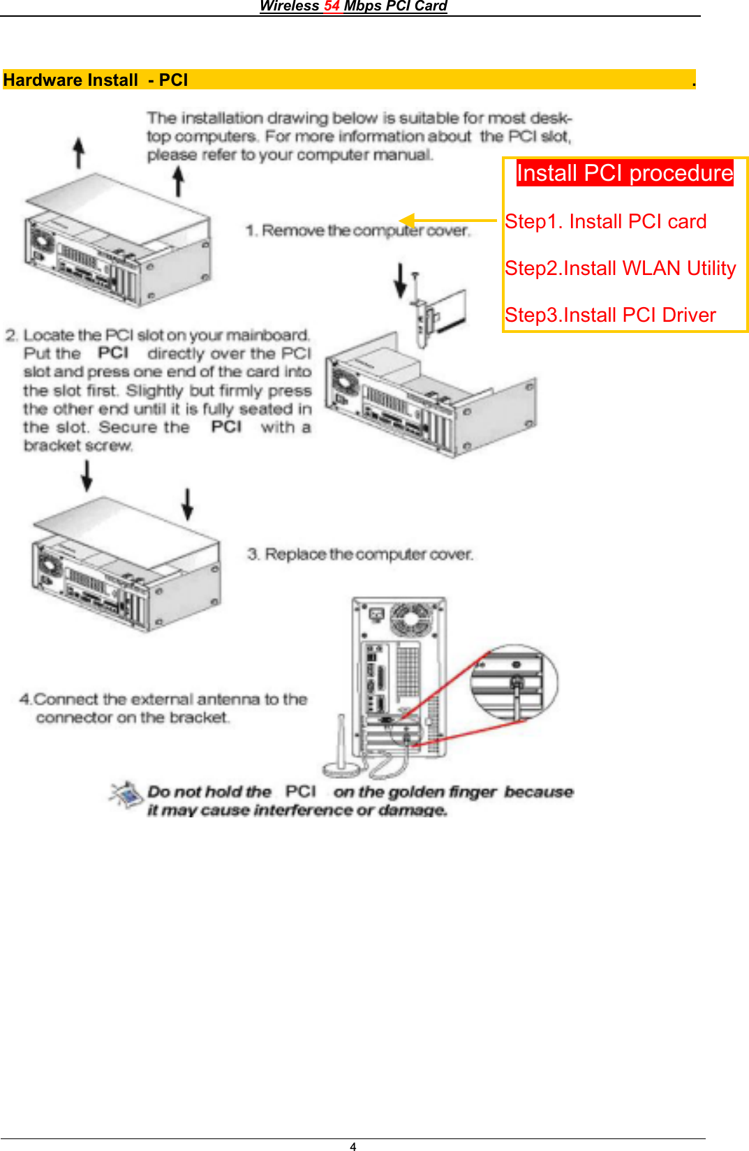 Wireless 54 Mbps PCI Card4Hardware Install  - PCI                                                                                                       .Install PCI procedureStep1. Install PCI card Step2.Install WLAN UtilityStep3.Install PCI Driver