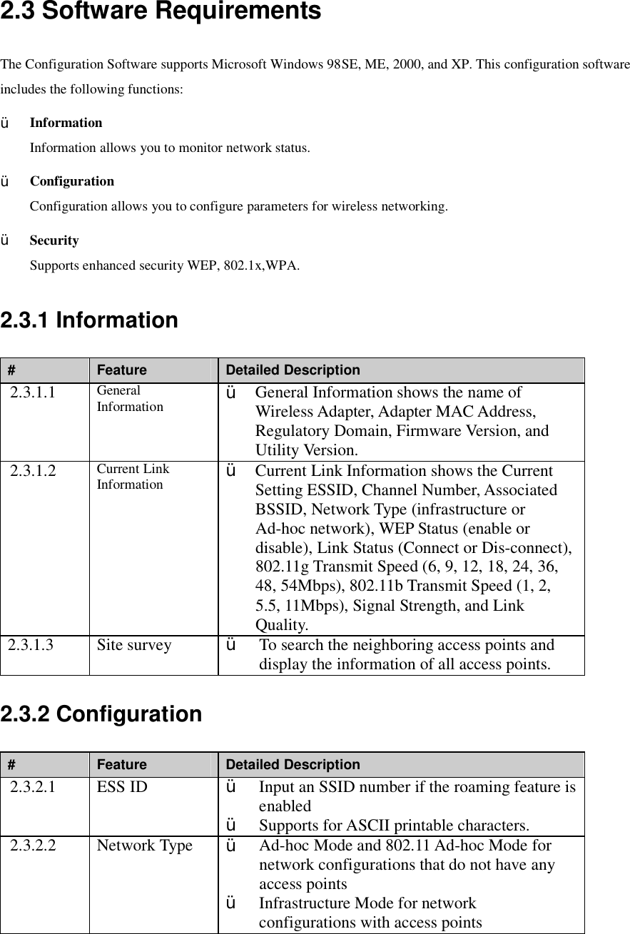 2.3 Software Requirements The Configuration Software supports Microsoft Windows 98SE, ME, 2000, and XP. This configuration software includes the following functions: Ÿ  Information Information allows you to monitor network status. Ÿ  Configuration Configuration allows you to configure parameters for wireless networking. Ÿ  Security Supports enhanced security WEP, 802.1x,WPA. 2.3.1 Information #  Feature  Detailed Description 2.3.1.1  General Information  Ÿ  General Information shows the name of Wireless Adapter, Adapter MAC Address, Regulatory Domain, Firmware Version, and Utility Version. 2.3.1.2  Current Link Information  Ÿ  Current Link Information shows the Current Setting ESSID, Channel Number, Associated BSSID, Network Type (infrastructure or Ad-hoc network), WEP Status (enable or disable), Link Status (Connect or Dis-connect), 802.11g Transmit Speed (6, 9, 12, 18, 24, 36, 48, 54Mbps), 802.11b Transmit Speed (1, 2, 5.5, 11Mbps), Signal Strength, and Link Quality. 2.3.1.3  Site survey  Ÿ  To search the neighboring access points and display the information of all access points. 2.3.2 Configuration #  Feature  Detailed Description 2.3.2.1  ESS ID  Ÿ  Input an SSID number if the roaming feature is enabled Ÿ  Supports for ASCII printable characters. 2.3.2.2  Network Type  Ÿ  Ad-hoc Mode and 802.11 Ad-hoc Mode for network configurations that do not have any access points Ÿ  Infrastructure Mode for network configurations with access points 