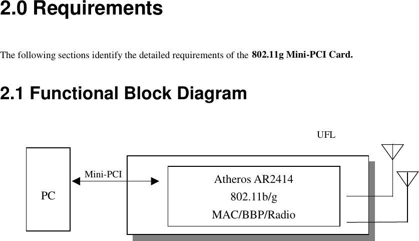  2.0 Requirements The following sections identify the detailed requirements of the 802.11g Mini-PCI Card. 2.1 Functional Block Diagram           PC Mini-PCI UFL Connectors Atheros AR2414 802.11b/g MAC/BBP/Radio 