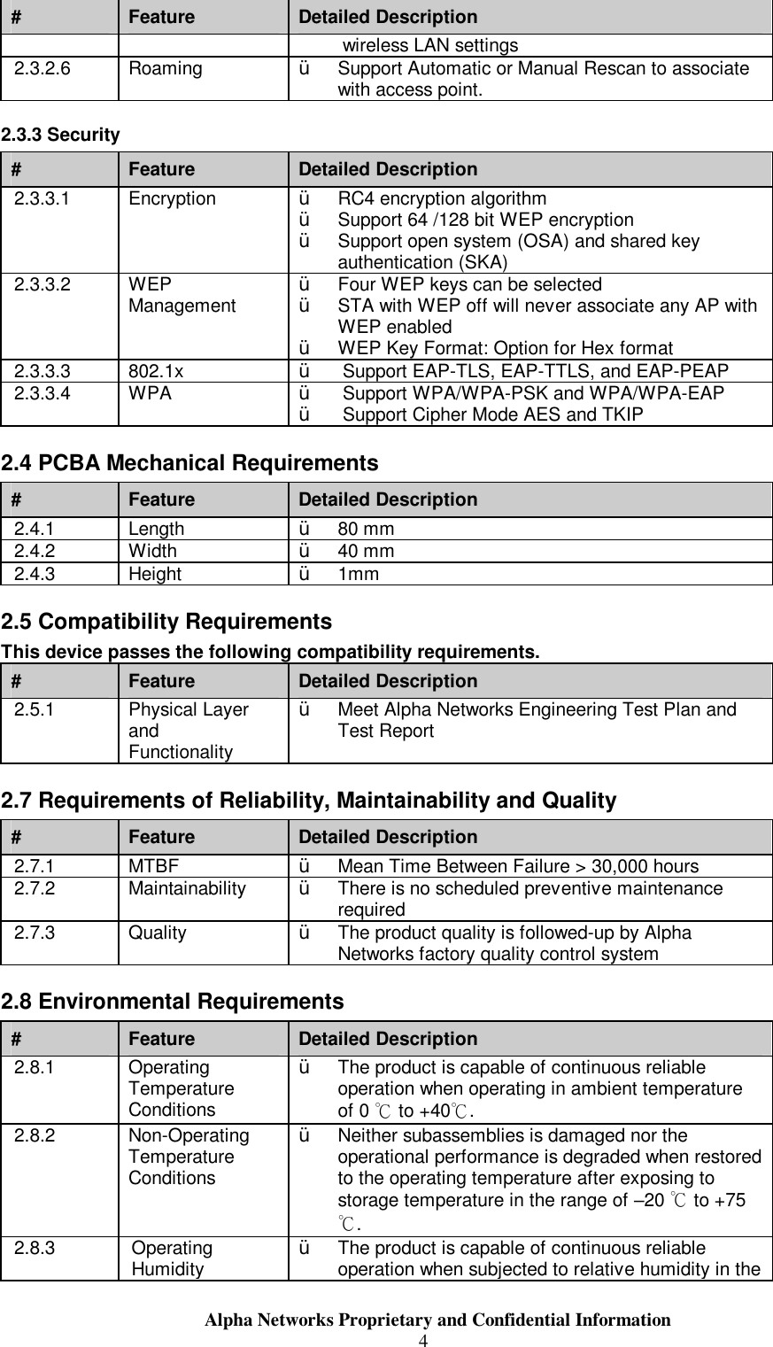                     Alpha Networks Proprietary and Confidential Information  4#  Feature  Detailed Description wireless LAN settings 2.3.2.6  Roaming  Ÿ  Support Automatic or Manual Rescan to associate with access point. 2.3.3 Security #  Feature  Detailed Description 2.3.3.1  Encryption  Ÿ  RC4 encryption algorithm Ÿ  Support 64 /128 bit WEP encryption Ÿ  Support open system (OSA) and shared key authentication (SKA) 2.3.3.2  WEP Management  Ÿ  Four WEP keys can be selected Ÿ  STA with WEP off will never associate any AP with WEP enabled Ÿ  WEP Key Format: Option for Hex format 2.3.3.3  802.1x  Ÿ  Support EAP-TLS, EAP-TTLS, and EAP-PEAP 2.3.3.4  WPA  Ÿ  Support WPA/WPA-PSK and WPA/WPA-EAP Ÿ  Support Cipher Mode AES and TKIP 2.4 PCBA Mechanical Requirements #  Feature  Detailed Description 2.4.1  Length  Ÿ  80 mm 2.4.2  Width  Ÿ  40 mm 2.4.3  Height  Ÿ  1mm 2.5 Compatibility Requirements This device passes the following compatibility requirements. #  Feature  Detailed Description 2.5.1  Physical Layer and Functionality Ÿ  Meet Alpha Networks Engineering Test Plan and Test Report 2.7 Requirements of Reliability, Maintainability and Quality #  Feature  Detailed Description 2.7.1  MTBF  Ÿ  Mean Time Between Failure &gt; 30,000 hours 2.7.2  Maintainability  Ÿ  There is no scheduled preventive maintenance required 2.7.3  Quality  Ÿ  The product quality is followed-up by Alpha Networks factory quality control system 2.8 Environmental Requirements #  Feature  Detailed Description 2.8.1  Operating Temperature Conditions Ÿ  The product is capable of continuous reliable operation when operating in ambient temperature of 0 ℃ to +40℃. 2.8.2  Non-Operating Temperature Conditions Ÿ  Neither subassemblies is damaged nor the operational performance is degraded when restored to the operating temperature after exposing to storage temperature in the range of –20 ℃ to +75 ℃. 2.8.3  Operating Humidity Ÿ  The product is capable of continuous reliable operation when subjected to relative humidity in the 