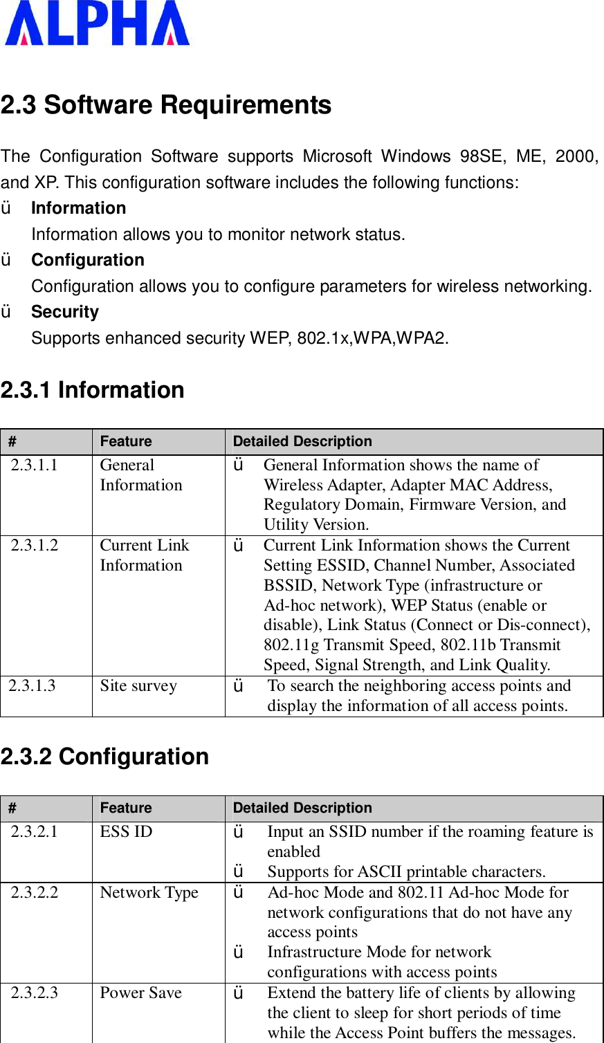   2.3 Software Requirements The Configuration Software supports Microsoft Windows 98SE, ME, 2000, and XP. This configuration software includes the following functions: Ÿ  Information Information allows you to monitor network status. Ÿ  Configuration Configuration allows you to configure parameters for wireless networking. Ÿ  Security Supports enhanced security WEP, 802.1x,WPA,WPA2. 2.3.1 Information #  Feature  Detailed Description 2.3.1.1  General Information  Ÿ  General Information shows the name of Wireless Adapter, Adapter MAC Address, Regulatory Domain, Firmware Version, and Utility Version. 2.3.1.2  Current Link Information  Ÿ  Current Link Information shows the Current Setting ESSID, Channel Number, Associated BSSID, Network Type (infrastructure or Ad-hoc network), WEP Status (enable or disable), Link Status (Connect or Dis-connect), 802.11g Transmit Speed, 802.11b Transmit Speed, Signal Strength, and Link Quality. 2.3.1.3  Site survey  Ÿ  To search the neighboring access points and display the information of all access points. 2.3.2 Configuration #  Feature  Detailed Description 2.3.2.1  ESS ID  Ÿ  Input an SSID number if the roaming feature is enabled Ÿ  Supports for ASCII printable characters. 2.3.2.2  Network Type  Ÿ  Ad-hoc Mode and 802.11 Ad-hoc Mode for network configurations that do not have any access points Ÿ  Infrastructure Mode for network configurations with access points 2.3.2.3  Power Save  Ÿ  Extend the battery life of clients by allowing the client to sleep for short periods of time while the Access Point buffers the messages. 