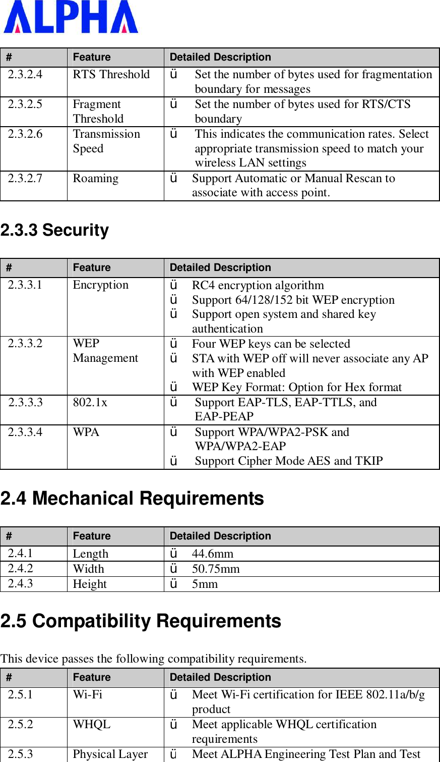   #  Feature  Detailed Description 2.3.2.4  RTS Threshold  Ÿ  Set the number of bytes used for fragmentation boundary for messages 2.3.2.5  Fragment Threshold  Ÿ  Set the number of bytes used for RTS/CTS boundary 2.3.2.6  Transmission Speed  Ÿ  This indicates the communication rates. Select appropriate transmission speed to match your wireless LAN settings 2.3.2.7  Roaming  Ÿ  Support Automatic or Manual Rescan to associate with access point. 2.3.3 Security #  Feature  Detailed Description 2.3.3.1  Encryption  Ÿ  RC4 encryption algorithm Ÿ  Support 64/128/152 bit WEP encryption Ÿ  Support open system and shared key authentication 2.3.3.2  WEP Management  Ÿ  Four WEP keys can be selected Ÿ  STA with WEP off will never associate any AP with WEP enabled Ÿ  WEP Key Format: Option for Hex format 2.3.3.3  802.1x  Ÿ  Support EAP-TLS, EAP-TTLS, and EAP-PEAP 2.3.3.4  WPA  Ÿ  Support WPA/WPA2-PSK and WPA/WPA2-EAP Ÿ  Support Cipher Mode AES and TKIP 2.4 Mechanical Requirements #  Feature  Detailed Description 2.4.1  Length  Ÿ  44.6mm 2.4.2  Width  Ÿ  50.75mm  2.4.3  Height  Ÿ  5mm 2.5 Compatibility Requirements This device passes the following compatibility requirements. #  Feature  Detailed Description 2.5.1  Wi-Fi  Ÿ  Meet Wi-Fi certification for IEEE 802.11a/b/g product 2.5.2  WHQL  Ÿ  Meet applicable WHQL certification requirements 2.5.3 Physical Layer Ÿ Meet ALPHA Engineering Test Plan and Test 