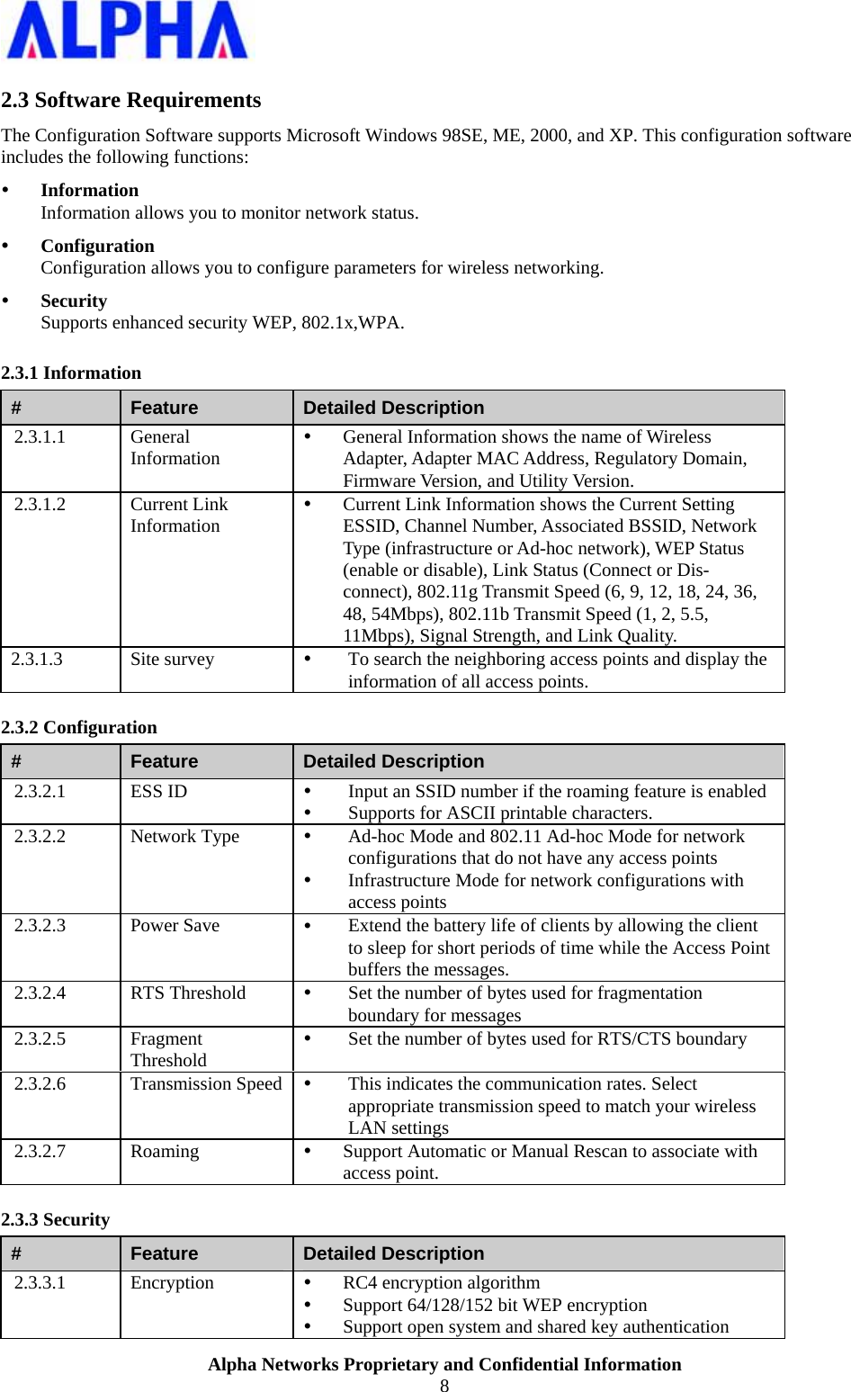                    Alpha Networks Proprietary and Confidential Information 8  2.3 Software Requirements The Configuration Software supports Microsoft Windows 98SE, ME, 2000, and XP. This configuration software includes the following functions: y Information Information allows you to monitor network status. y Configuration Configuration allows you to configure parameters for wireless networking. y Security Supports enhanced security WEP, 802.1x,WPA. 2.3.1 Information #  Feature  Detailed Description 2.3.1.1 General Information y General Information shows the name of Wireless Adapter, Adapter MAC Address, Regulatory Domain, Firmware Version, and Utility Version. 2.3.1.2 Current Link Information y Current Link Information shows the Current Setting ESSID, Channel Number, Associated BSSID, Network Type (infrastructure or Ad-hoc network), WEP Status (enable or disable), Link Status (Connect or Dis-connect), 802.11g Transmit Speed (6, 9, 12, 18, 24, 36, 48, 54Mbps), 802.11b Transmit Speed (1, 2, 5.5, 11Mbps), Signal Strength, and Link Quality. 2.3.1.3 Site survey  y To search the neighboring access points and display the information of all access points. 2.3.2 Configuration #  Feature  Detailed Description 2.3.2.1 ESS ID  y Input an SSID number if the roaming feature is enabled y Supports for ASCII printable characters. 2.3.2.2 Network Type y Ad-hoc Mode and 802.11 Ad-hoc Mode for network configurations that do not have any access points y Infrastructure Mode for network configurations with access points 2.3.2.3 Power Save  y Extend the battery life of clients by allowing the client to sleep for short periods of time while the Access Point buffers the messages. 2.3.2.4 RTS Threshold y Set the number of bytes used for fragmentation boundary for messages 2.3.2.5 Fragment Threshold y Set the number of bytes used for RTS/CTS boundary 2.3.2.6 Transmission Speed y This indicates the communication rates. Select appropriate transmission speed to match your wireless LAN settings 2.3.2.7 Roaming  y Support Automatic or Manual Rescan to associate with access point. 2.3.3 Security #  Feature  Detailed Description 2.3.3.1 Encryption  y RC4 encryption algorithm y Support 64/128/152 bit WEP encryption y Support open system and shared key authentication  