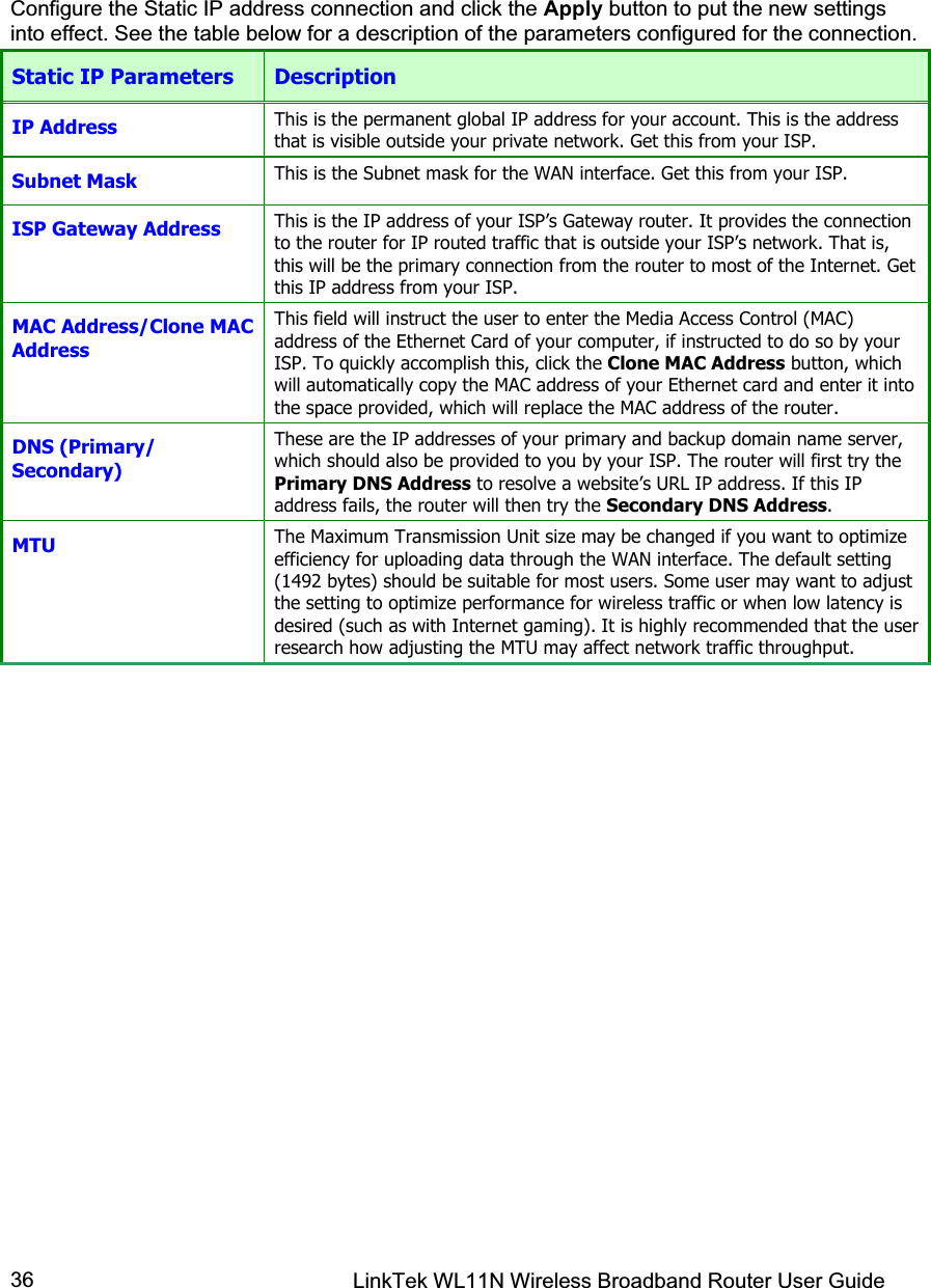 LinkTek WL11N Wireless Broadband Router User Guide 36Configure the Static IP address connection and click the Apply button to put the new settings into effect. See the table below for a description of the parameters configured for the connection. Static IP Parameters  Description IP Address  This is the permanent global IP address for your account. This is the address that is visible outside your private network. Get this from your ISP. Subnet Mask  This is the Subnet mask for the WAN interface. Get this from your ISP. ISP Gateway Address  This is the IP address of your ISP’s Gateway router. It provides the connection to the router for IP routed traffic that is outside your ISP’s network. That is, this will be the primary connection from the router to most of the Internet. Get this IP address from your ISP. MAC Address/Clone MAC Address This field will instruct the user to enter the Media Access Control (MAC) address of the Ethernet Card of your computer, if instructed to do so by your ISP. To quickly accomplish this, click the Clone MAC Address button, which will automatically copy the MAC address of your Ethernet card and enter it into the space provided, which will replace the MAC address of the router. DNS (Primary/ Secondary) These are the IP addresses of your primary and backup domain name server, which should also be provided to you by your ISP. The router will first try the Primary DNS Address to resolve a website’s URL IP address. If this IP address fails, the router will then try the Secondary DNS Address.MTU The Maximum Transmission Unit size may be changed if you want to optimize efficiency for uploading data through the WAN interface. The default setting (1492 bytes) should be suitable for most users. Some user may want to adjust the setting to optimize performance for wireless traffic or when low latency is desired (such as with Internet gaming). It is highly recommended that the user research how adjusting the MTU may affect network traffic throughput.  