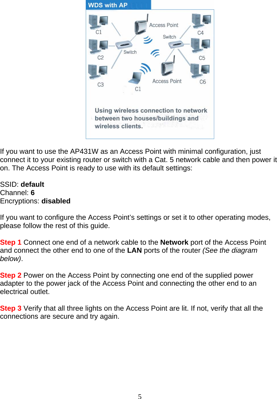 5    If you want to use the AP431W as an Access Point with minimal configuration, just connect it to your existing router or switch with a Cat. 5 network cable and then power it on. The Access Point is ready to use with its default settings:  SSID: default Channel: 6 Encryptions: disabled  If you want to configure the Access Point’s settings or set it to other operating modes, please follow the rest of this guide.  Step 1 Connect one end of a network cable to the Network port of the Access Point and connect the other end to one of the LAN ports of the router (See the diagram below).  Step 2 Power on the Access Point by connecting one end of the supplied power adapter to the power jack of the Access Point and connecting the other end to an electrical outlet.  Step 3 Verify that all three lights on the Access Point are lit. If not, verify that all the connections are secure and try again.  