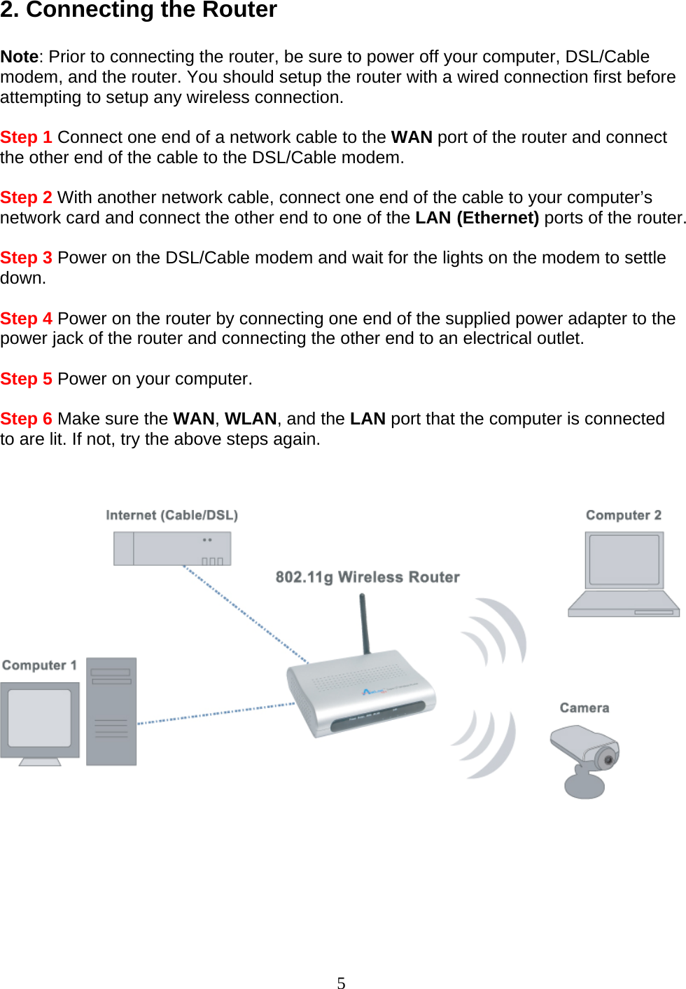 5 2. Connecting the Router  Note: Prior to connecting the router, be sure to power off your computer, DSL/Cable modem, and the router. You should setup the router with a wired connection first before attempting to setup any wireless connection.  Step 1 Connect one end of a network cable to the WAN port of the router and connect the other end of the cable to the DSL/Cable modem.  Step 2 With another network cable, connect one end of the cable to your computer’s network card and connect the other end to one of the LAN (Ethernet) ports of the router.  Step 3 Power on the DSL/Cable modem and wait for the lights on the modem to settle down.  Step 4 Power on the router by connecting one end of the supplied power adapter to the power jack of the router and connecting the other end to an electrical outlet.  Step 5 Power on your computer.  Step 6 Make sure the WAN, WLAN, and the LAN port that the computer is connected to are lit. If not, try the above steps again.           